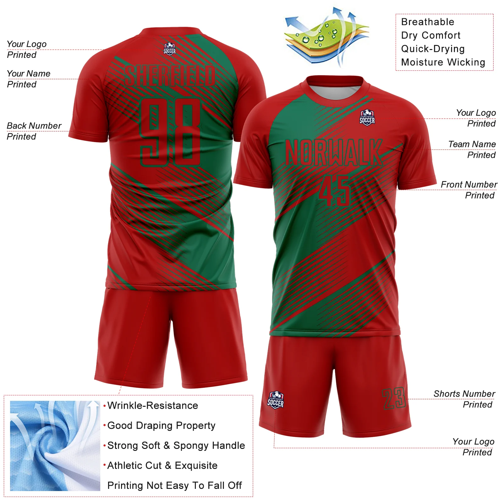 Custom Red Kelly Green Line Sublimation Soccer Uniform Jersey - Image 4