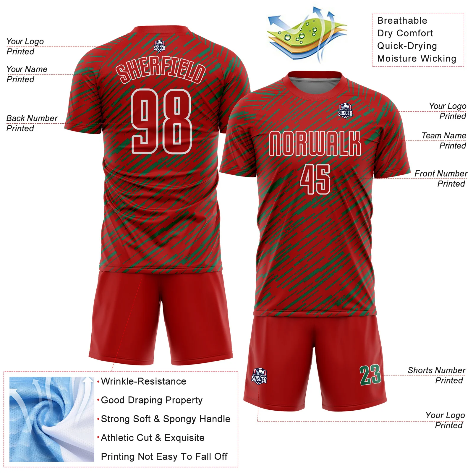 Custom Red Kelly Green-White Line Sports Sublimation Soccer Uniform Jersey - Image 4