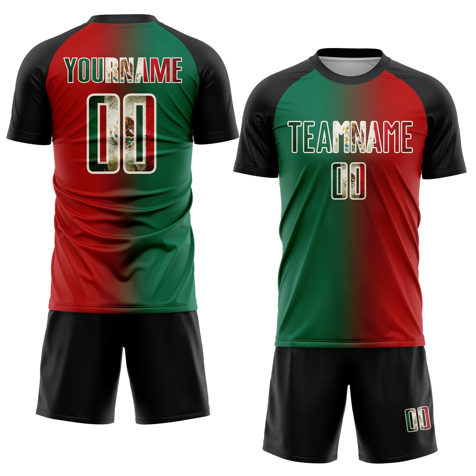 Custom Red Vintage Mexican Flag Kelly Green Black-Cream Sublimation Gradient Fashion Soccer Uniform Jersey - Image 2