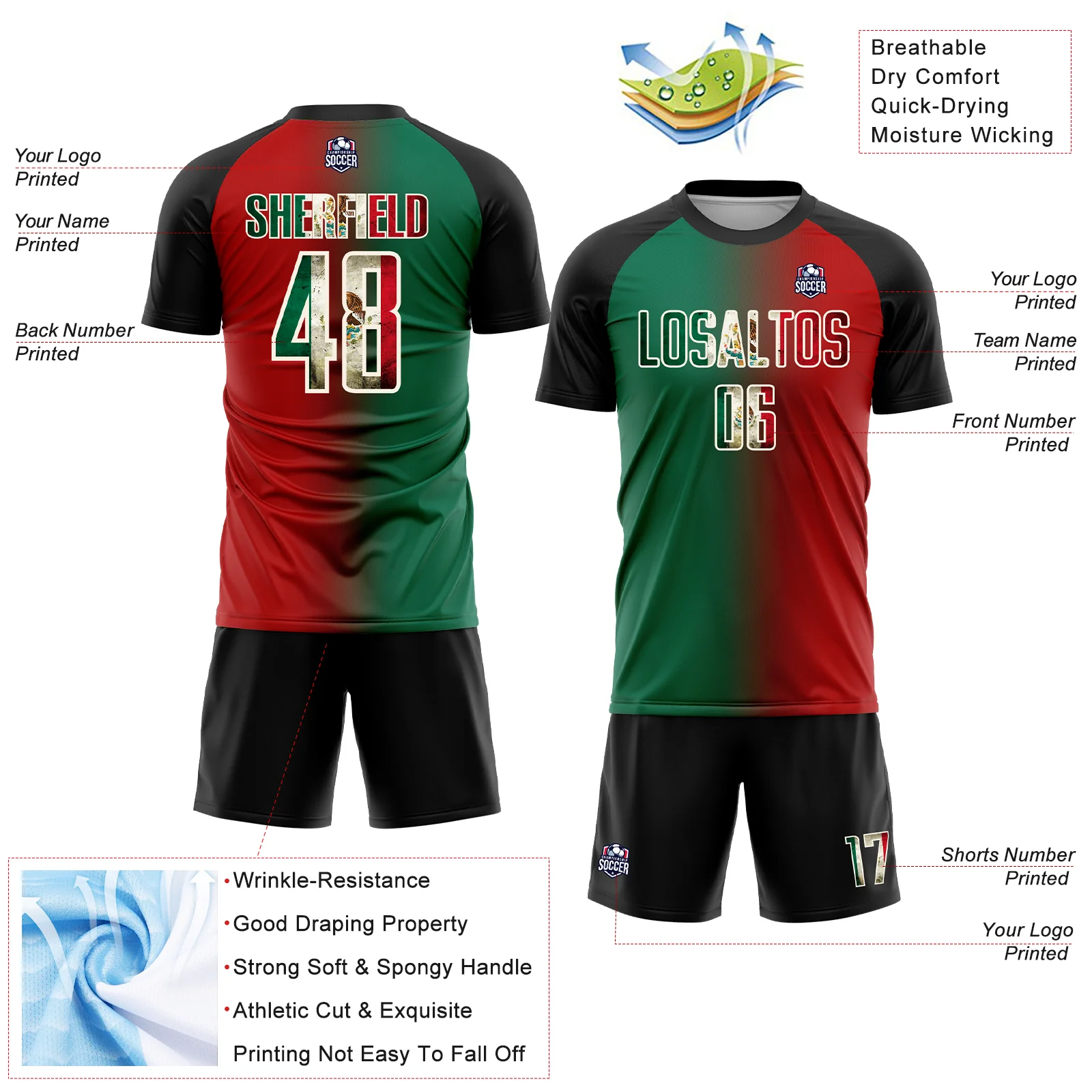 Custom Red Vintage Mexican Flag Kelly Green Black-Cream Sublimation Gradient Fashion Soccer Uniform Jersey - Image 4