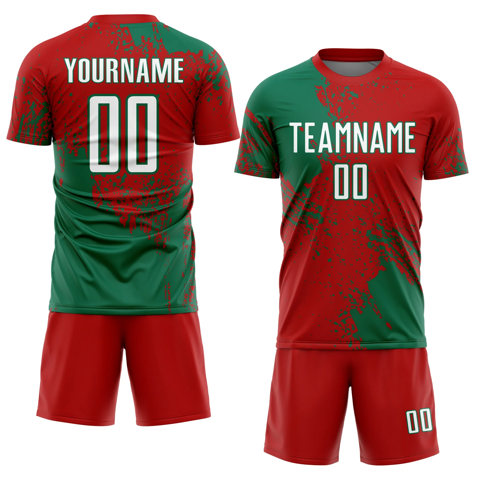 Custom Red White-Kelly Green Abstract Brush Stroke Sports Sublimation Soccer Uniform Jersey - Image 2