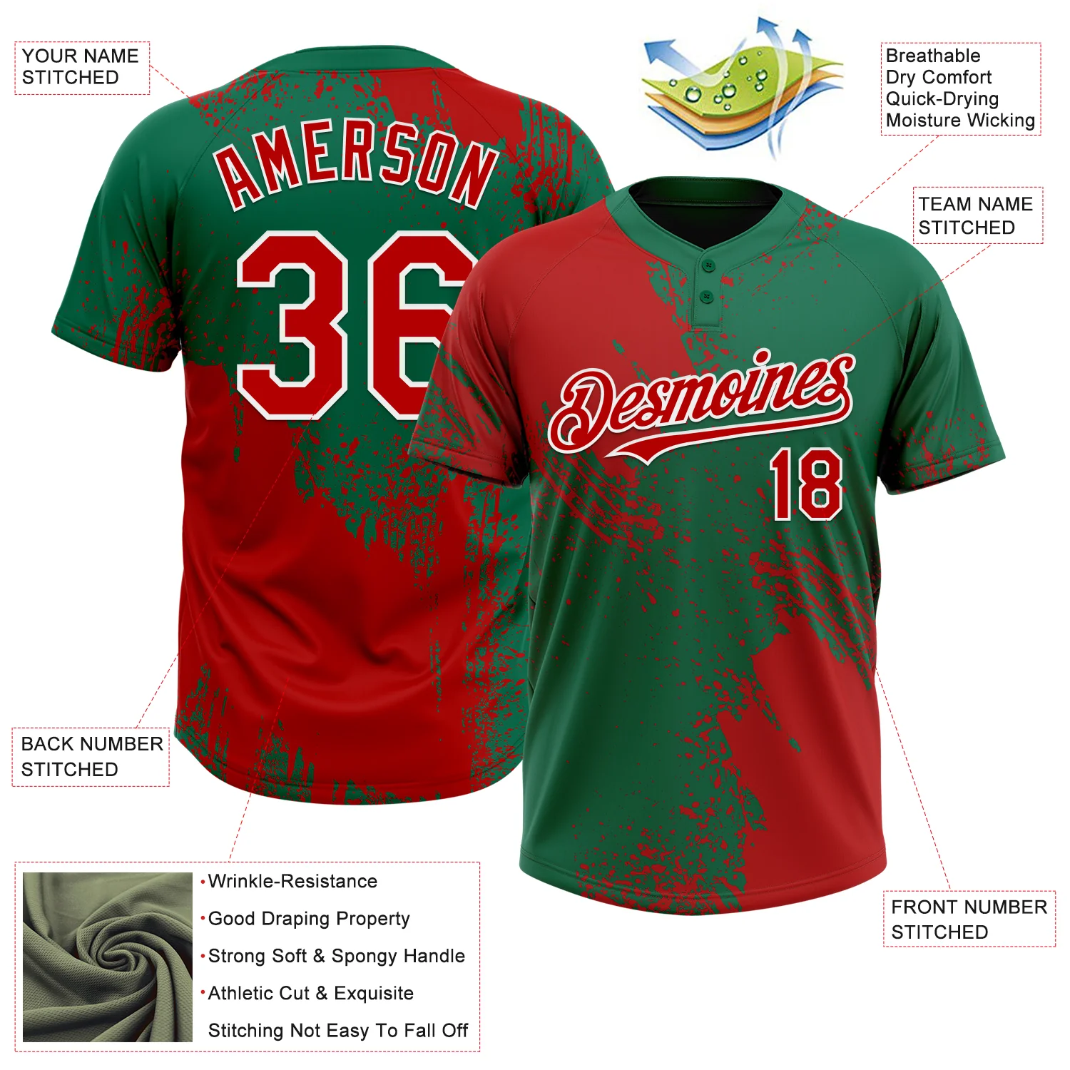 Custom Red Kelly Green-White 3D Pattern Abstract Brush Stroke Two-Button Unisex Softball Jersey - Image 3
