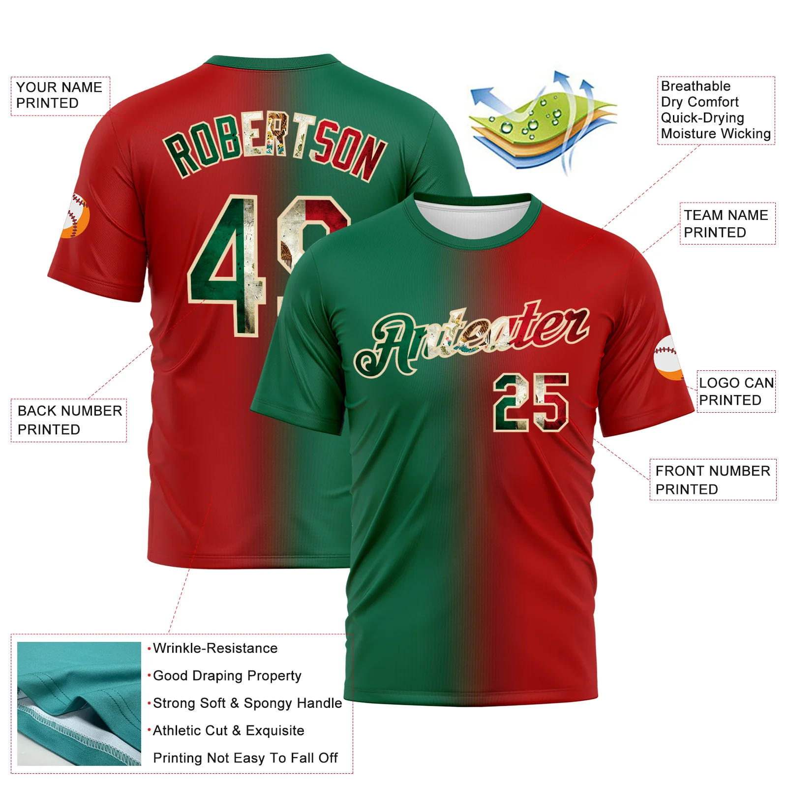 Custom Red Vintage Mexican Flag Kelly Green-City Cream Gradient Fashion Performance T-Shirt - Image 3