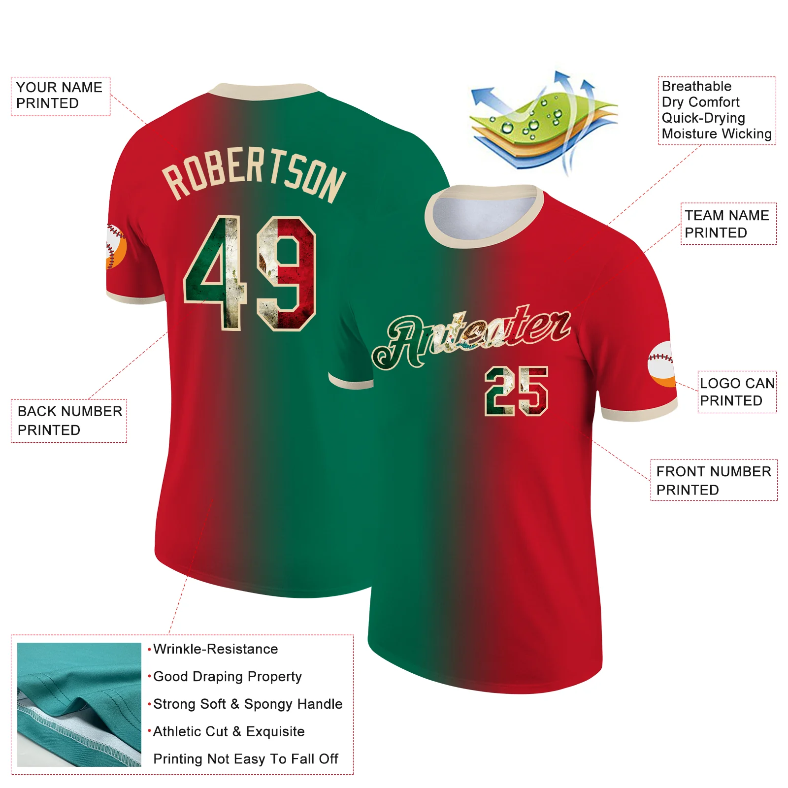 Custom Red Vintage Mexican Flag Kelly Green-City Cream Gradient Fashion Performance T-Shirt - Image 2