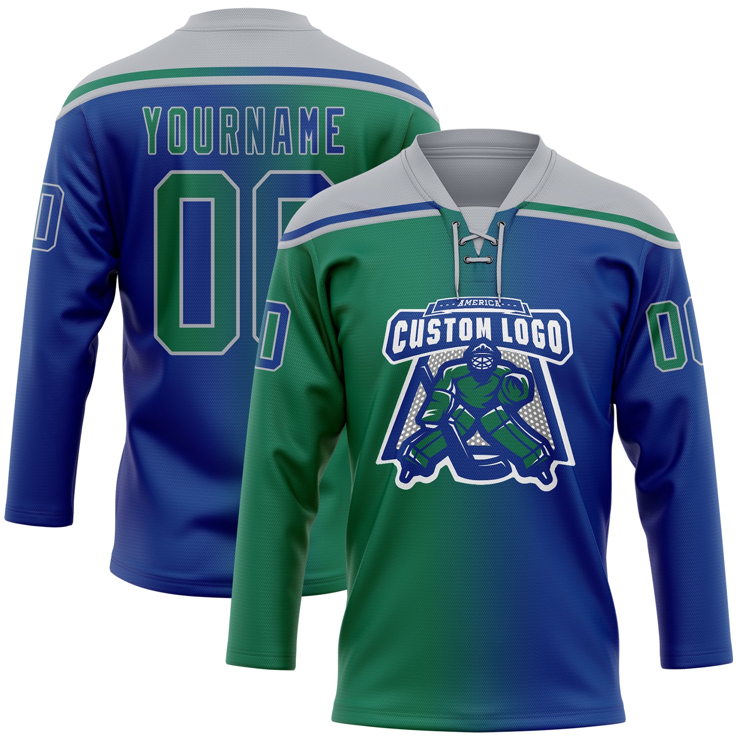 Custom Royal Kelly Green-Gray Gradient Fashion Hockey Lace Neck Jersey - Image 2