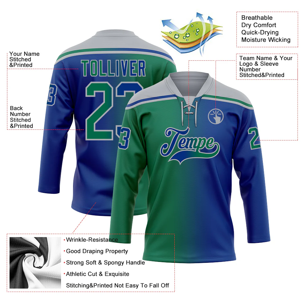 Custom Royal Kelly Green-Gray Gradient Fashion Hockey Lace Neck Jersey - Image 5
