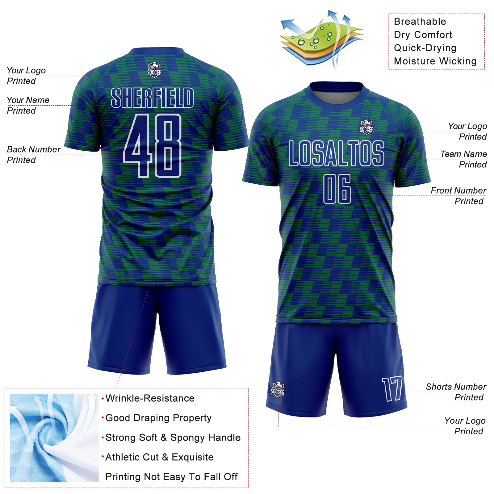 Custom Royal Kelly Green-White Line Sublimation Soccer Uniform Jersey - Image 4