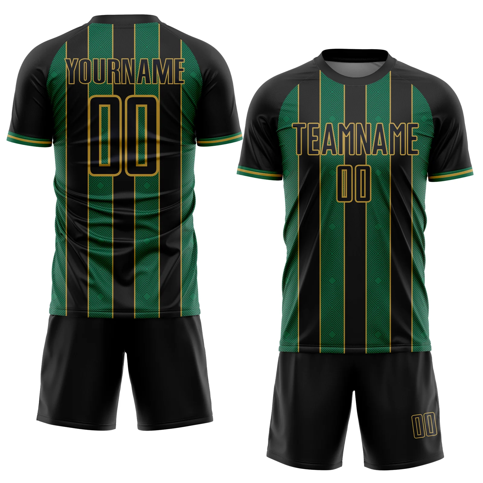 Custom Black Kelly Green-Old Gold Pinstripe Line Sports Sublimation Soccer Uniform Jersey - Image 2