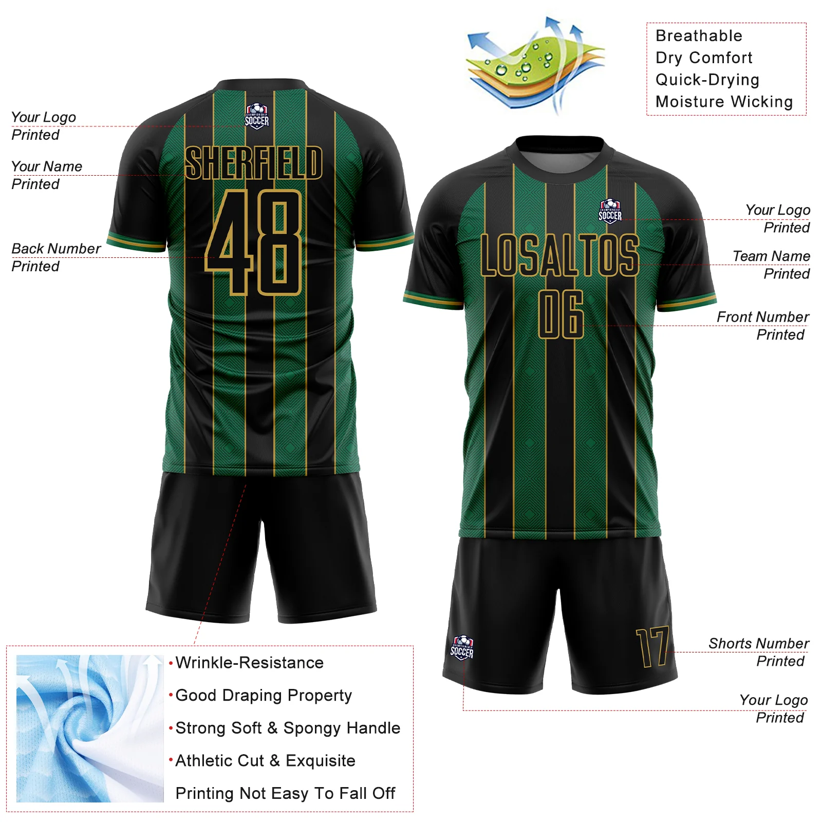 Custom Black Kelly Green-Old Gold Pinstripe Line Sports Sublimation Soccer Uniform Jersey - Image 4