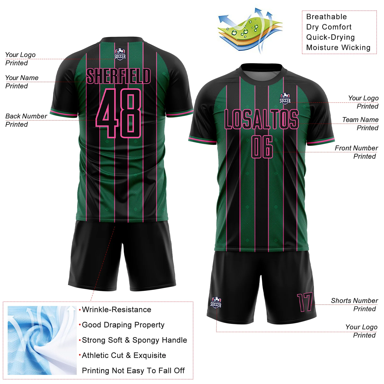 Custom Black Kelly Green-Pink Pinstripe Line Sports Sublimation Soccer Uniform Jersey - Image 4