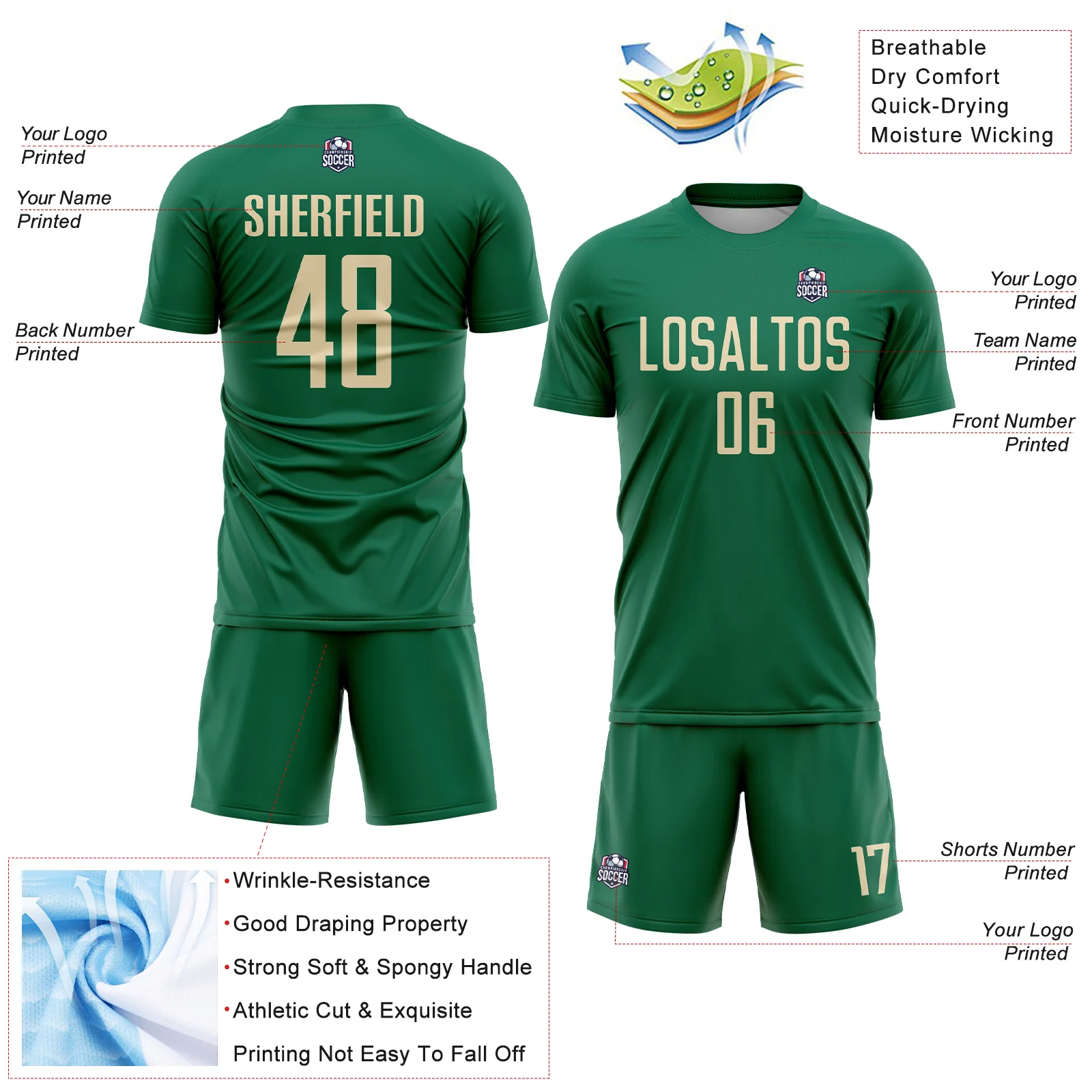 Custom Kelly Green Cream Sublimation Soccer Uniform Jersey - Image 4