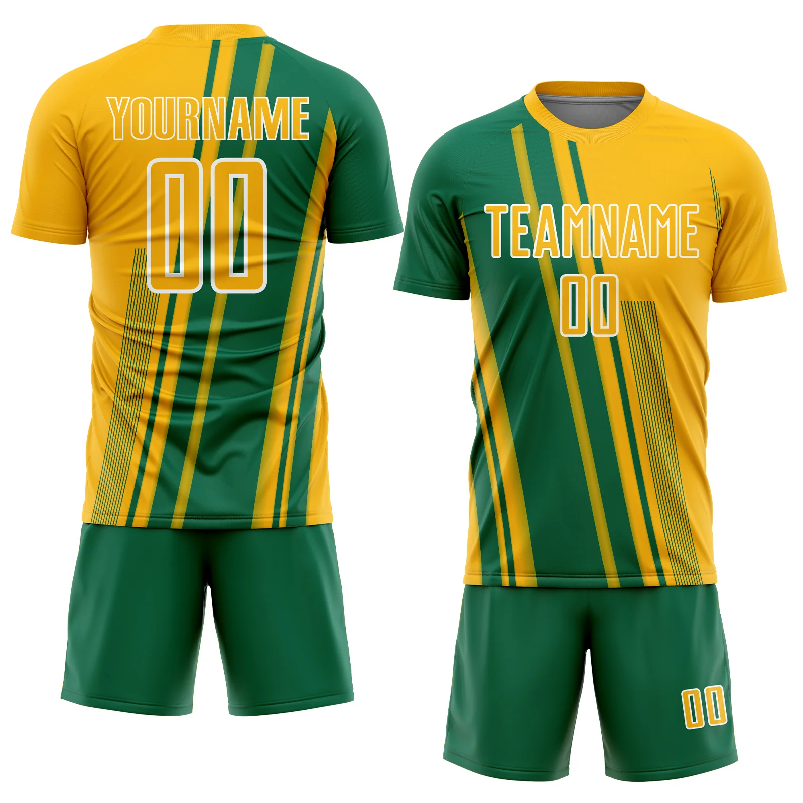 Custom Gold Kelly Green-White Lines Sports Sublimation Soccer Uniform Jersey - Image 2
