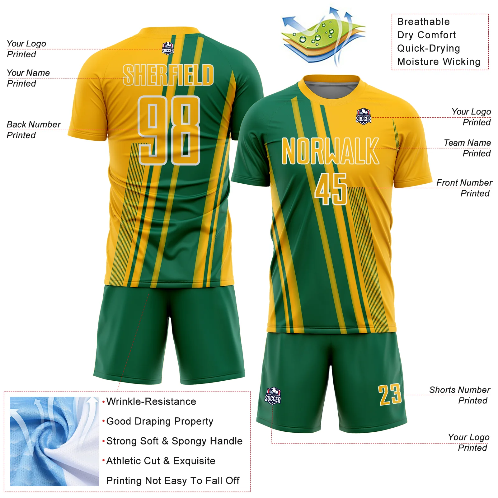 Custom Gold Kelly Green-White Lines Sports Sublimation Soccer Uniform Jersey - Image 4
