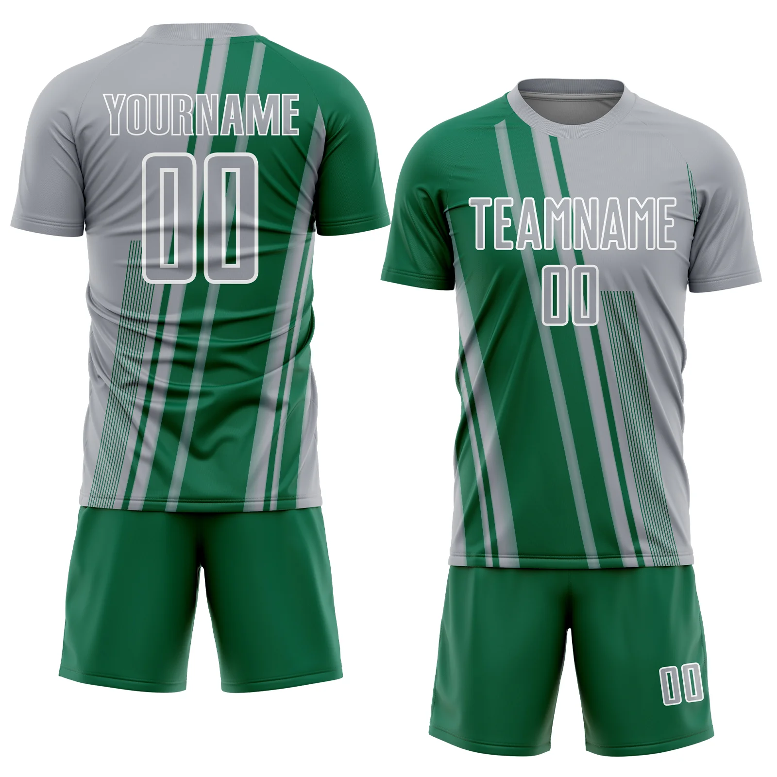 Custom Gray Kelly Green-White Lines Sports Sublimation Soccer Uniform Jersey - Image 2