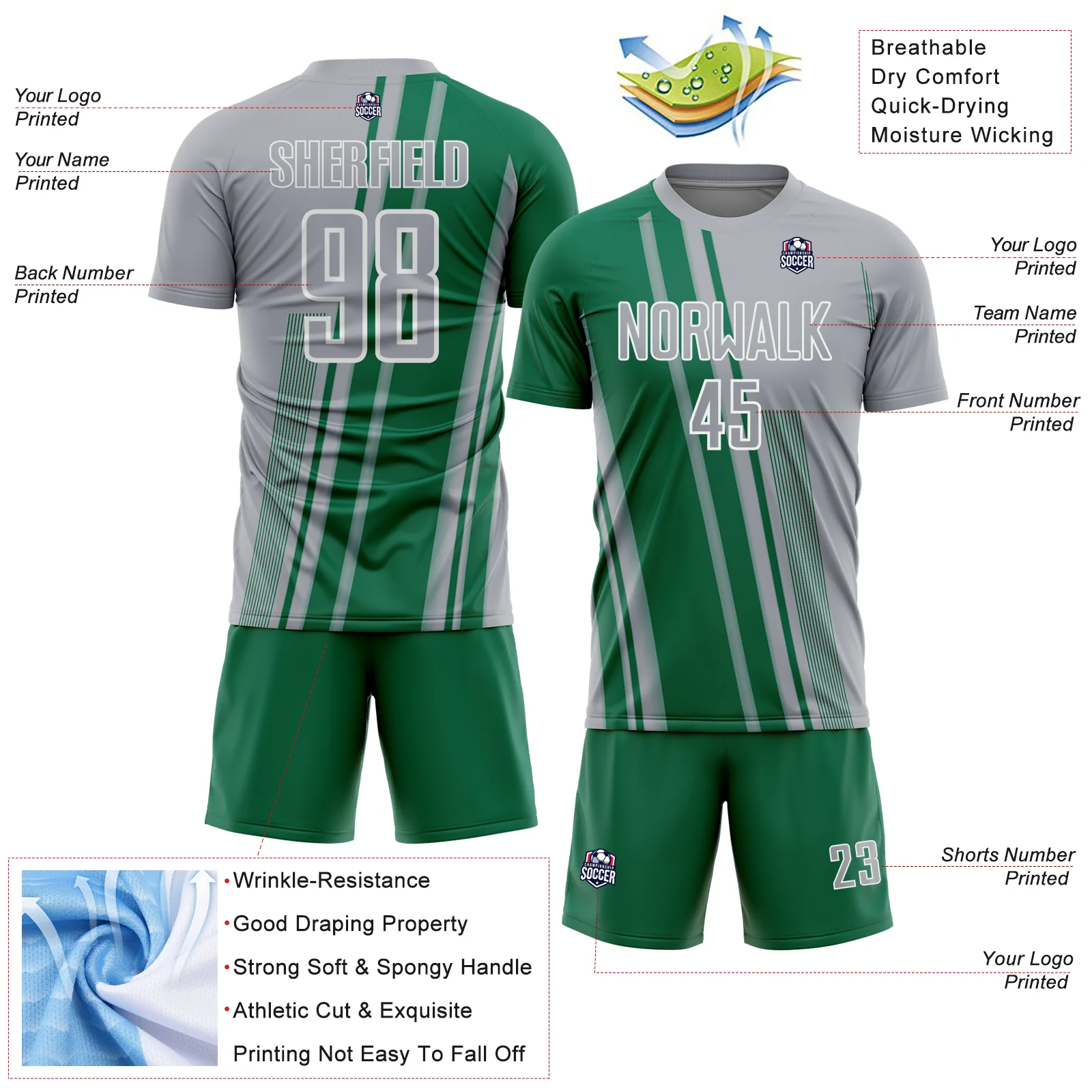 Custom Gray Kelly Green-White Lines Sports Sublimation Soccer Uniform Jersey - Image 4