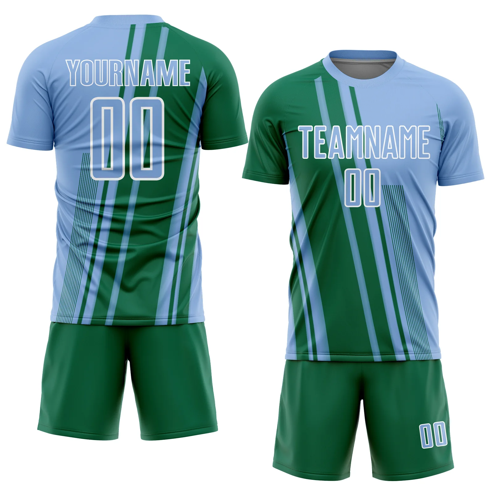 Custom Light Blue Kelly Green-White Lines Sports Sublimation Soccer Uniform Jersey - Image 2