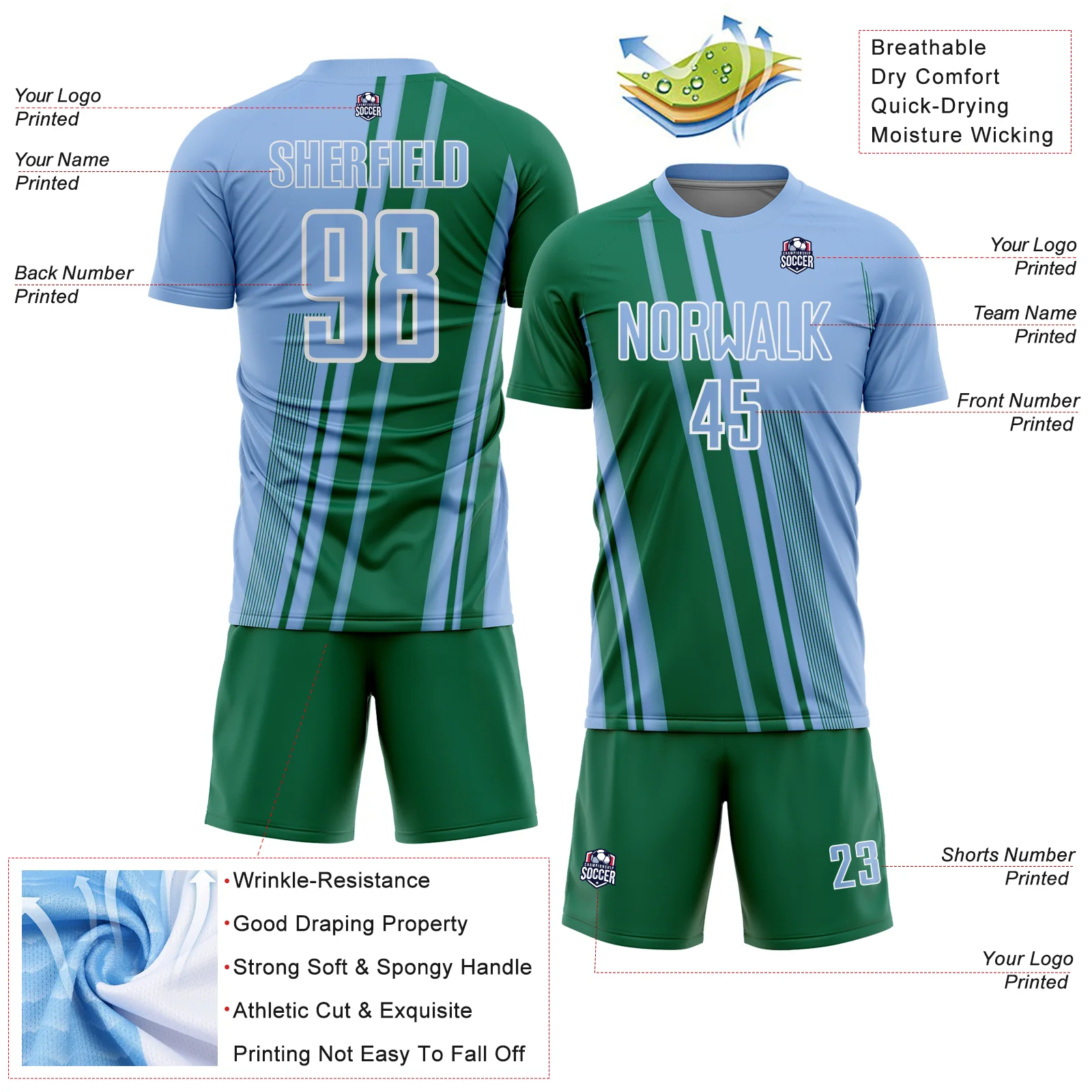 Custom Light Blue Kelly Green-White Lines Sports Sublimation Soccer Uniform Jersey - Image 4