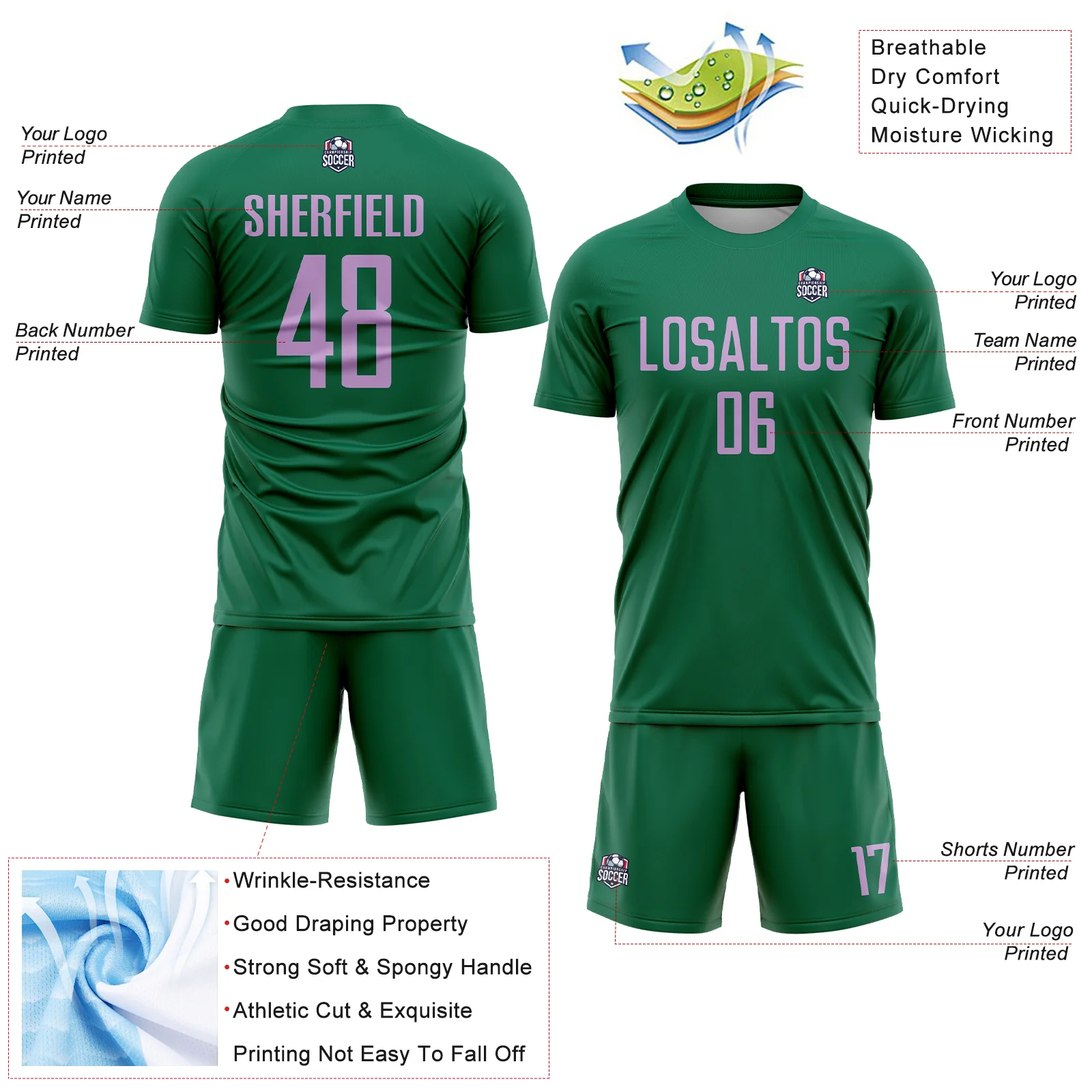 Custom Kelly Green Light Purple Sublimation Soccer Uniform Jersey - Image 4