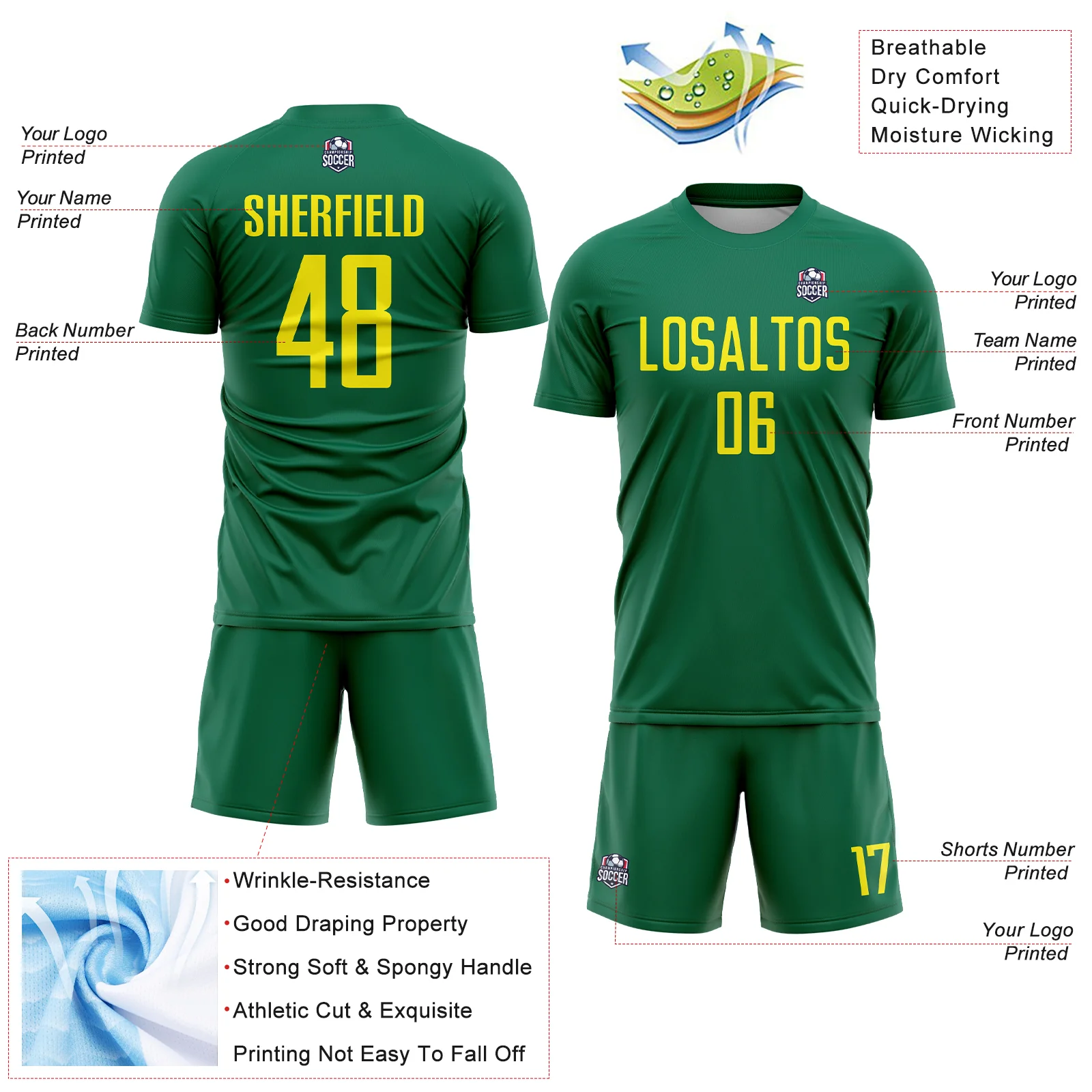 Custom Kelly Green Light Yellow Sublimation Soccer Uniform Jersey - Image 4