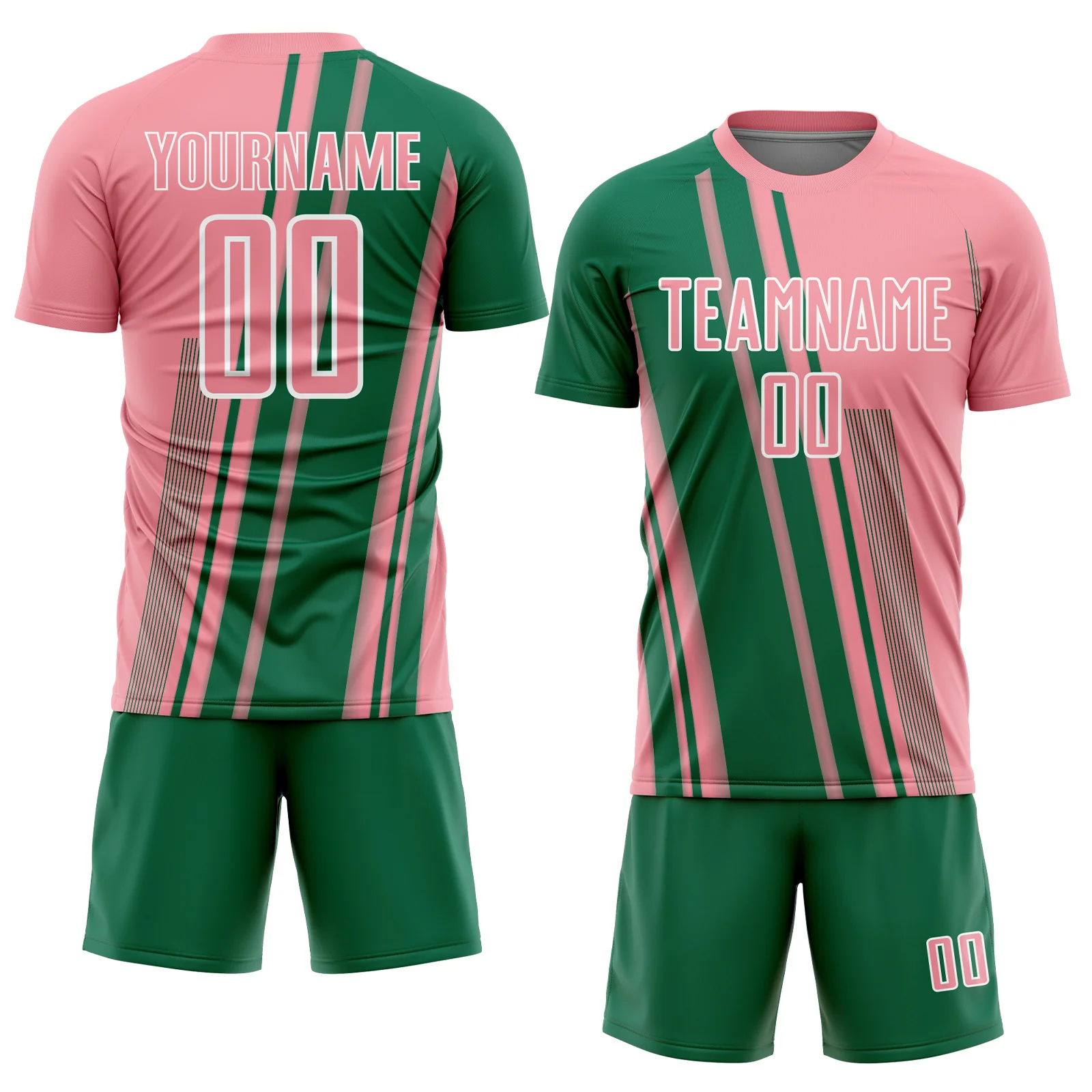 Custom Medium Pink Kelly Green-White Lines Sports Sublimation Soccer Uniform Jersey - Image 2