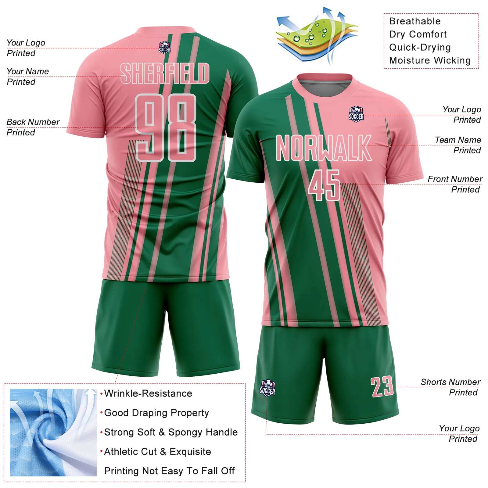 Custom Medium Pink Kelly Green-White Lines Sports Sublimation Soccer Uniform Jersey - Image 4