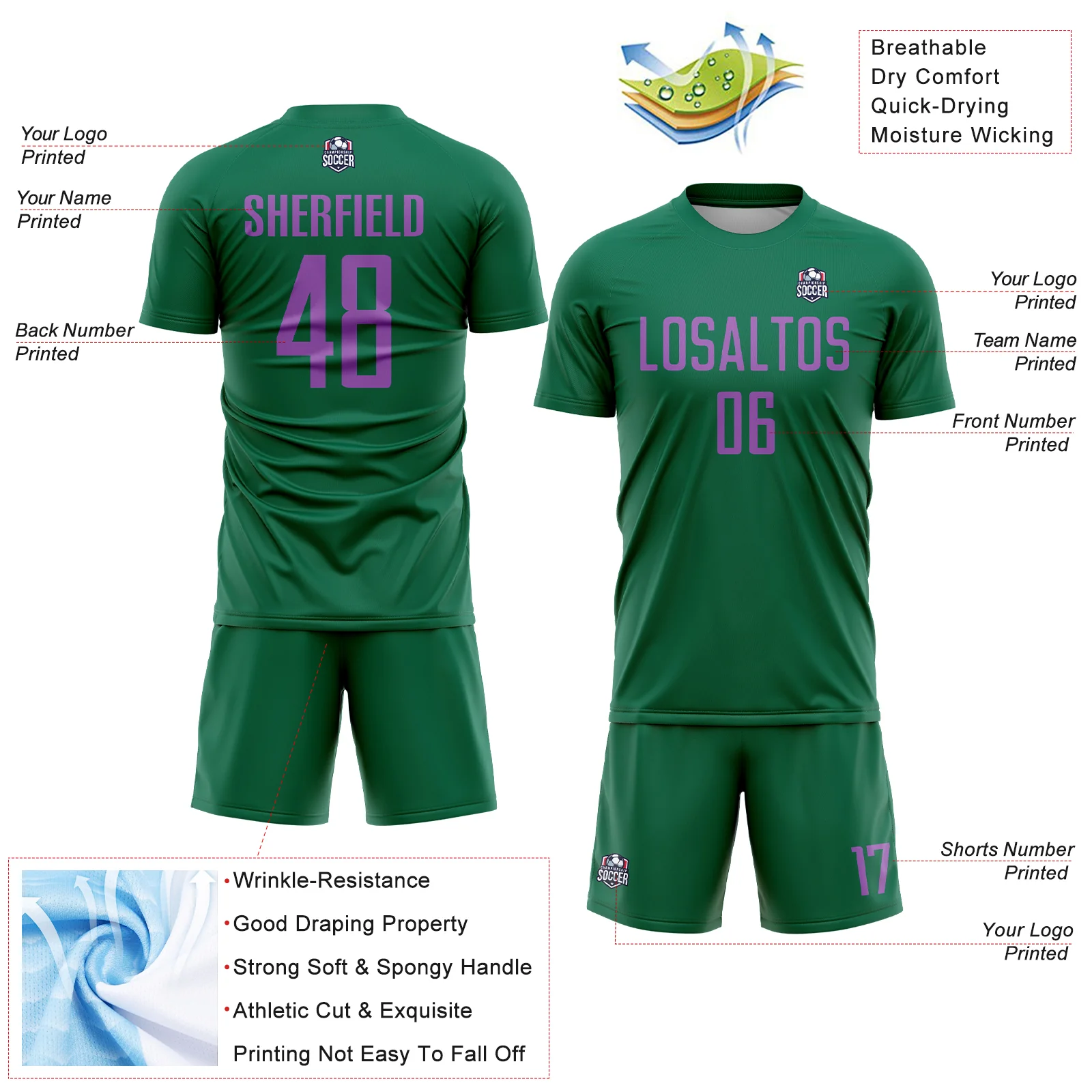 Custom Kelly Green Medium Purple Sublimation Soccer Uniform Jersey - Image 4