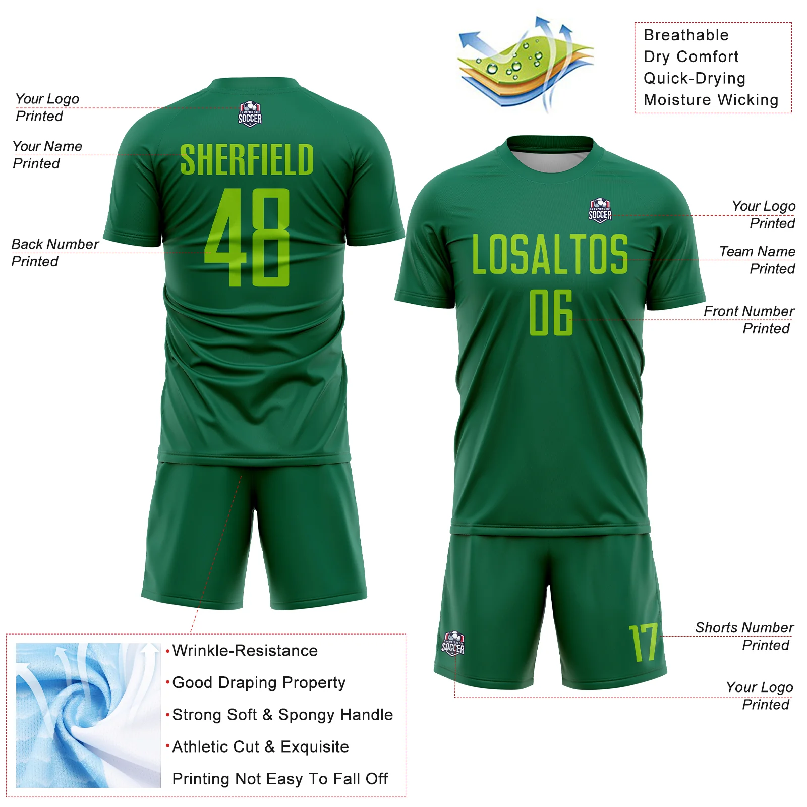 Custom Kelly Green Neon Green Sublimation Soccer Uniform Jersey - Image 4
