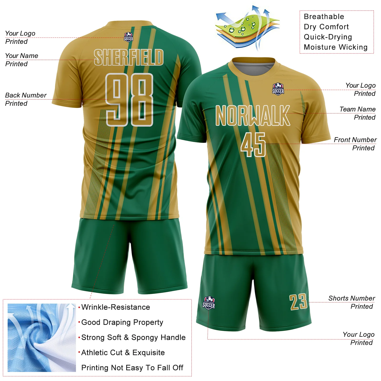 Custom Old Gold Kelly Green-White Lines Sports Sublimation Soccer Uniform Jersey - Image 4