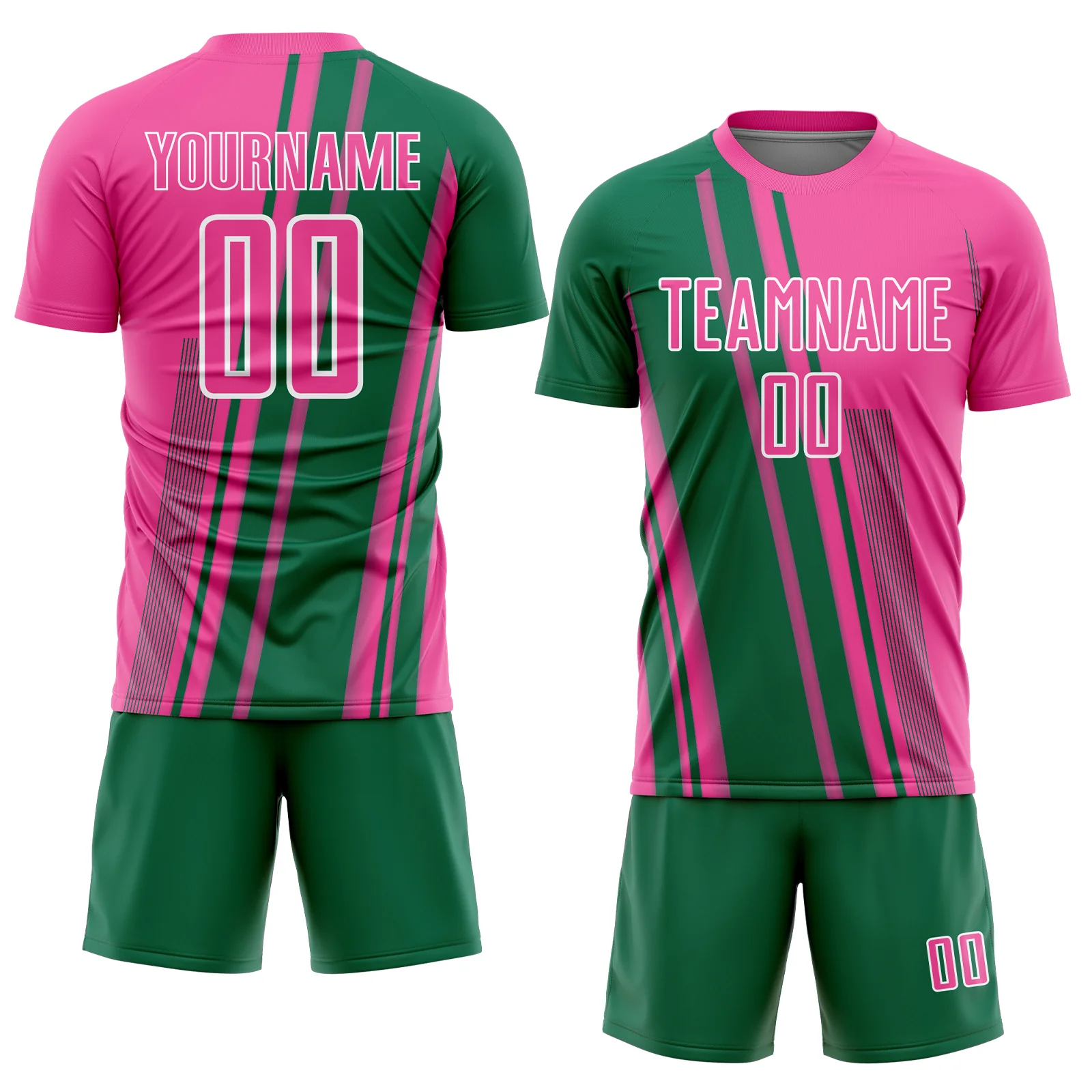 Custom Pink Kelly Green-White Lines Sports Sublimation Soccer Uniform Jersey - Image 2