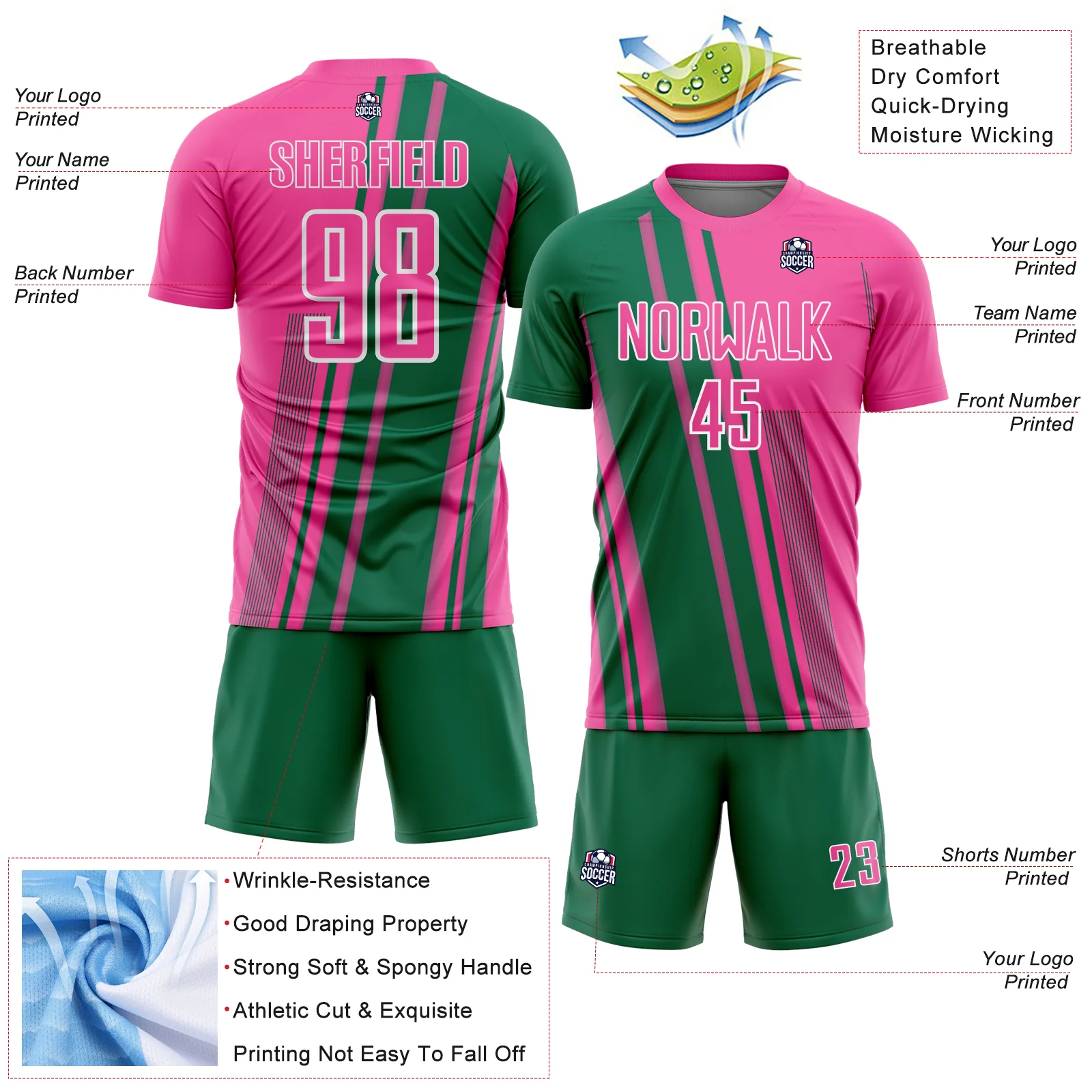 Custom Pink Kelly Green-White Lines Sports Sublimation Soccer Uniform Jersey - Image 4