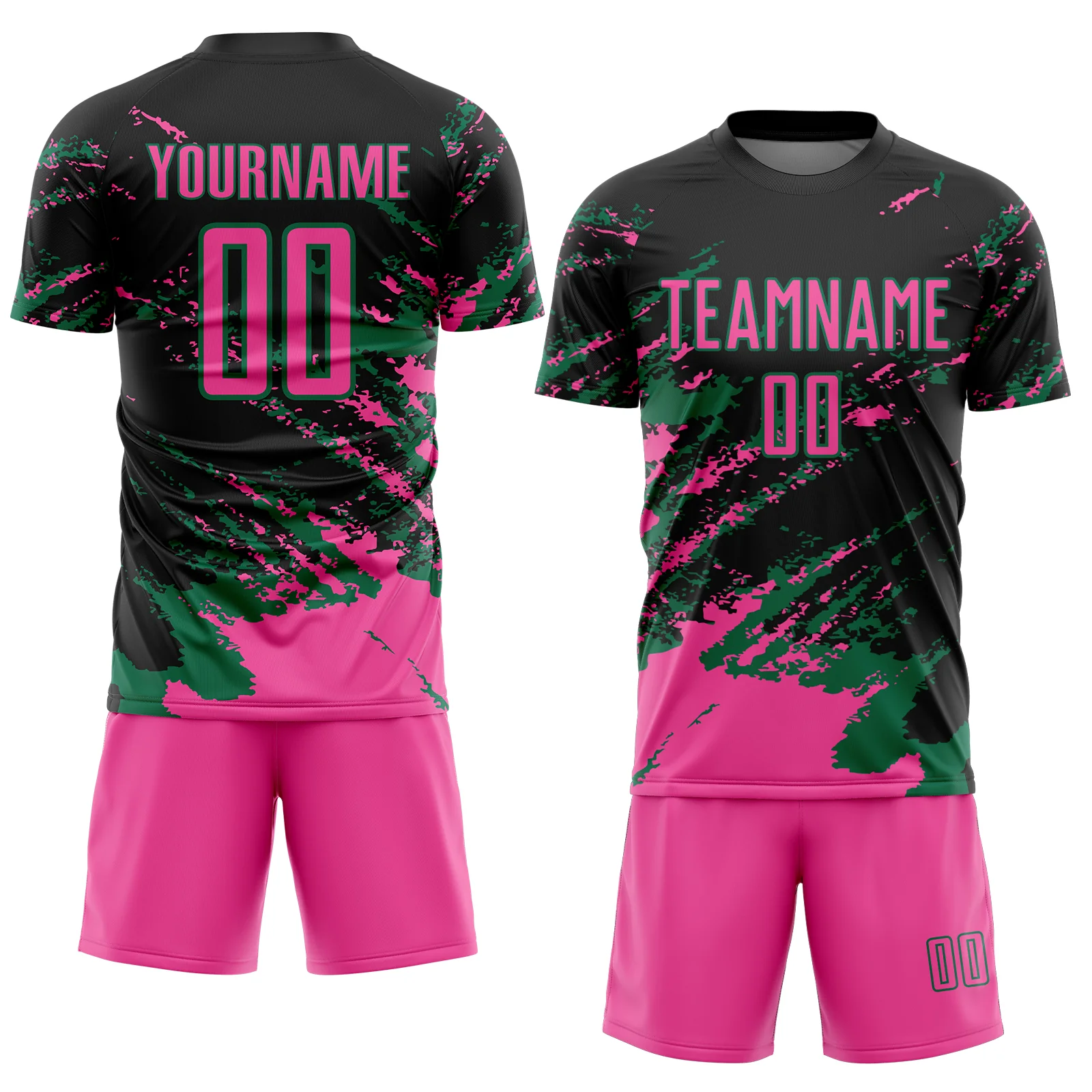 Custom Black Pink-Kelly Green Abstract Fragment Art Splash Sports Sublimation Soccer Uniform Jersey - Image 2