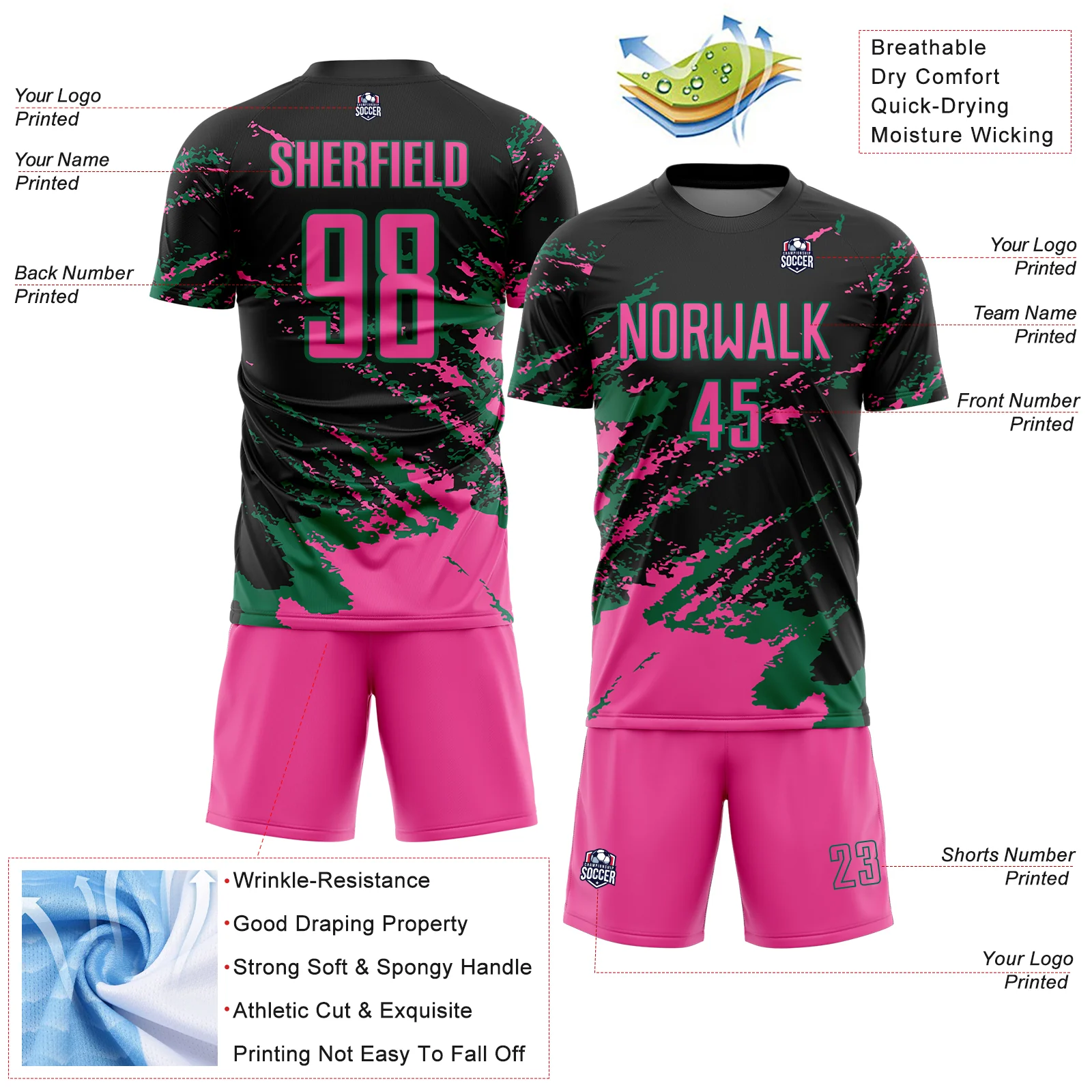 Custom Black Pink-Kelly Green Abstract Fragment Art Splash Sports Sublimation Soccer Uniform Jersey - Image 4