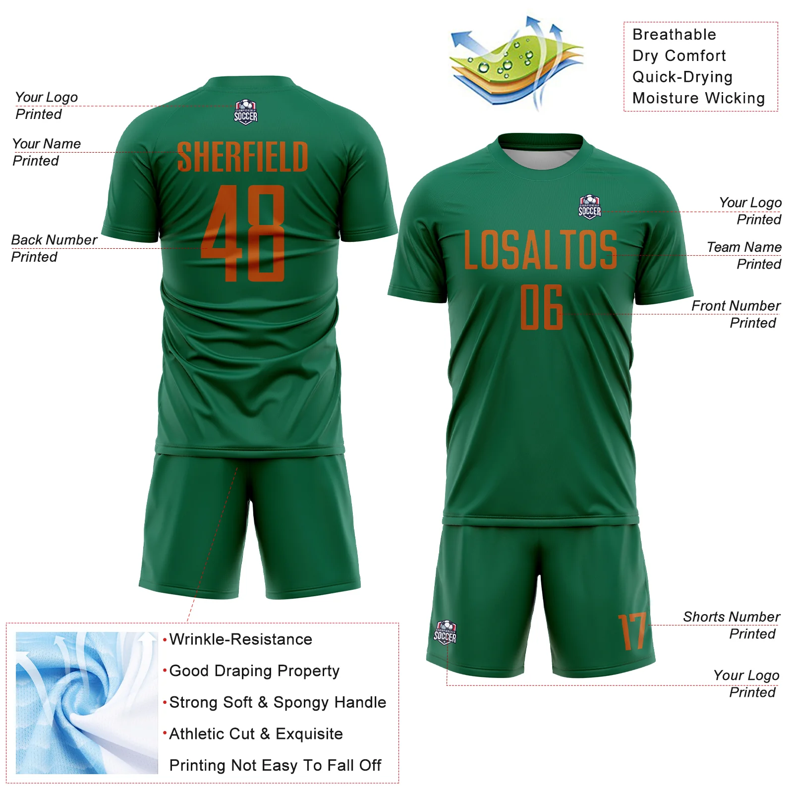 Custom Kelly Green Texas Orange Sublimation Soccer Uniform Jersey - Image 4