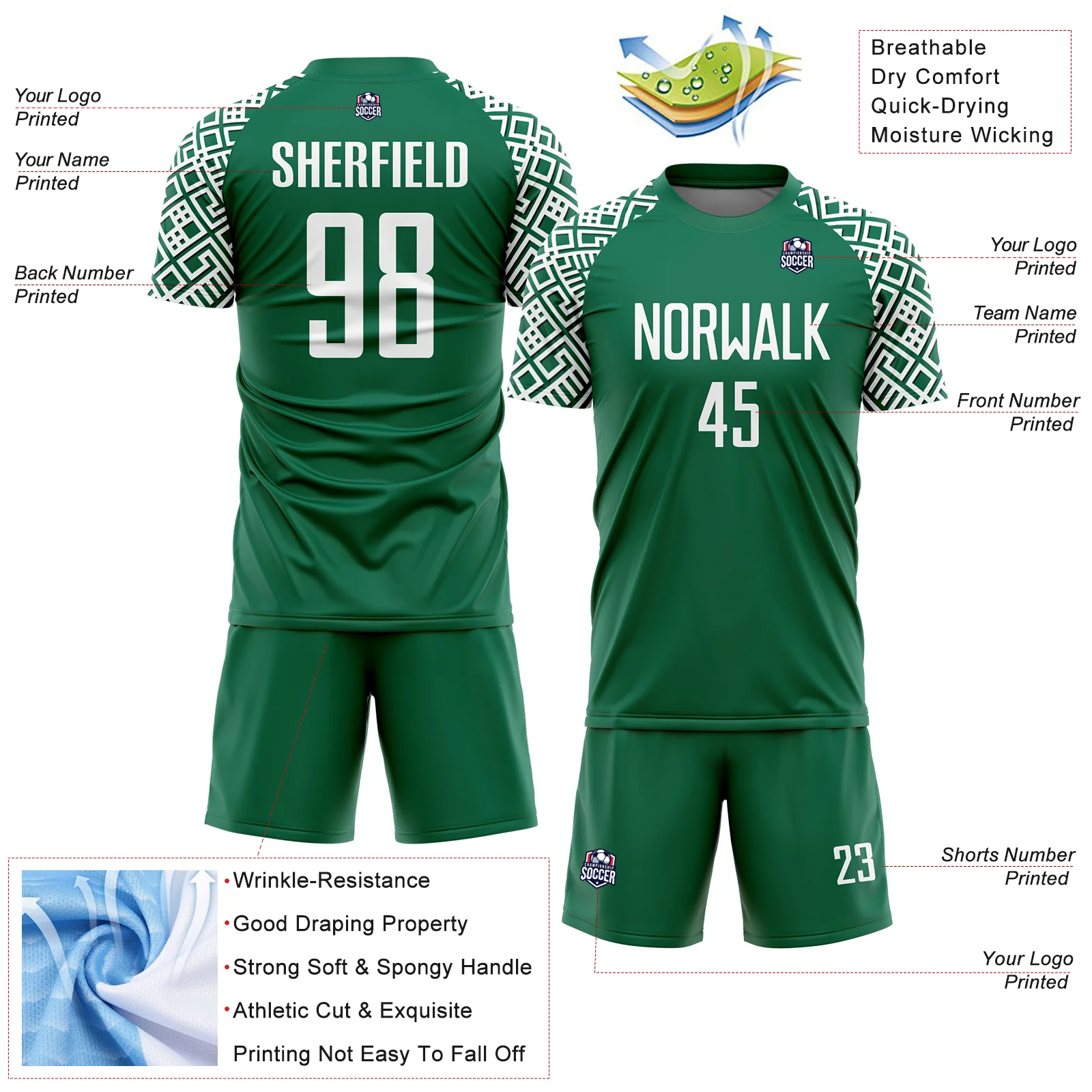 Custom Kelly Green White Geometric Shape Sublimation Soccer Uniform Jersey - Image 4