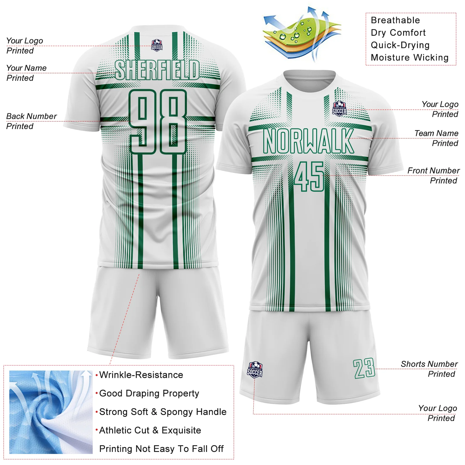Custom White Kelly Green Lines Sublimation Soccer Uniform Jersey - Image 4