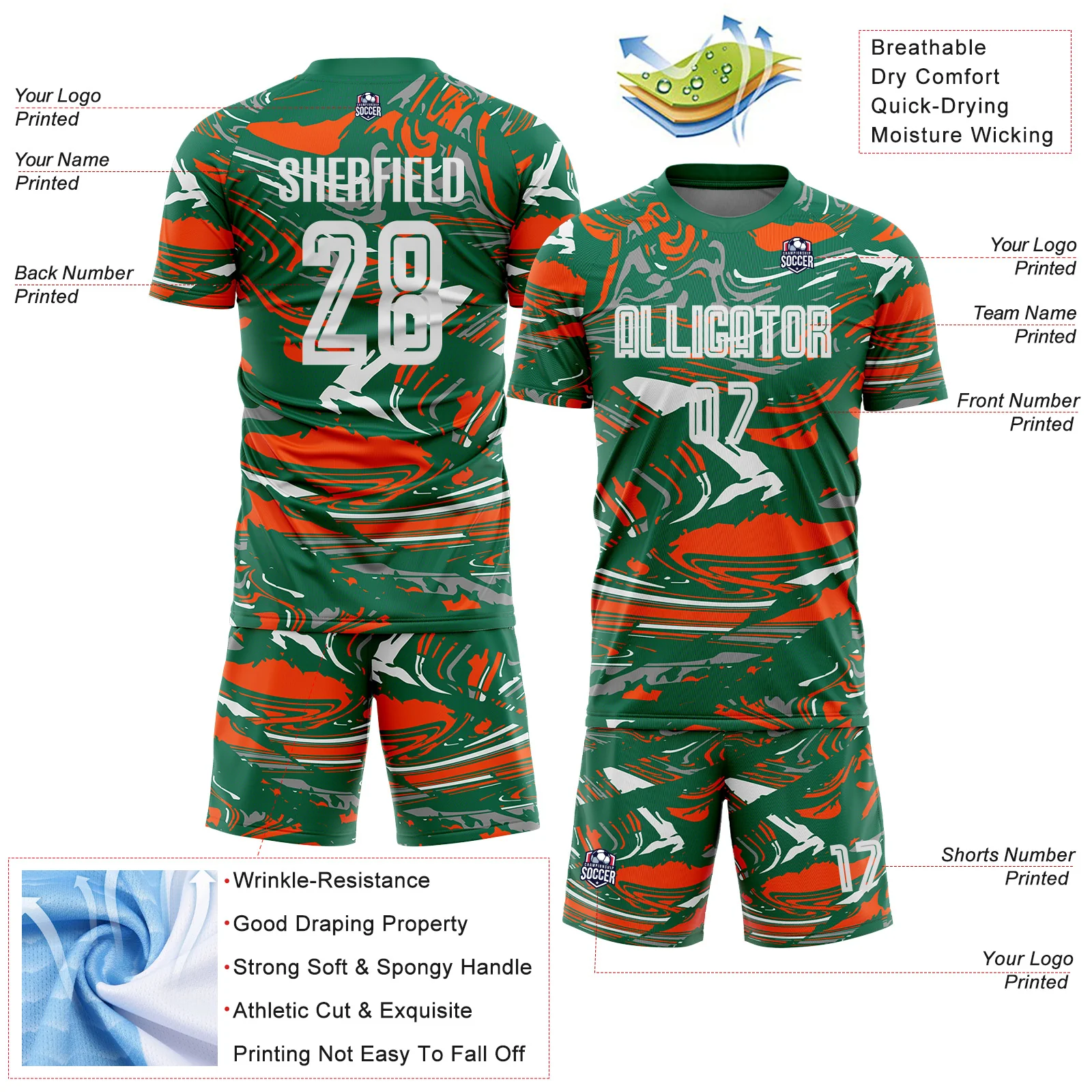 Custom Figure White Kelly Green-Orang Fluid Art Splash Sublimation Soccer Uniform Jersey - Image 4