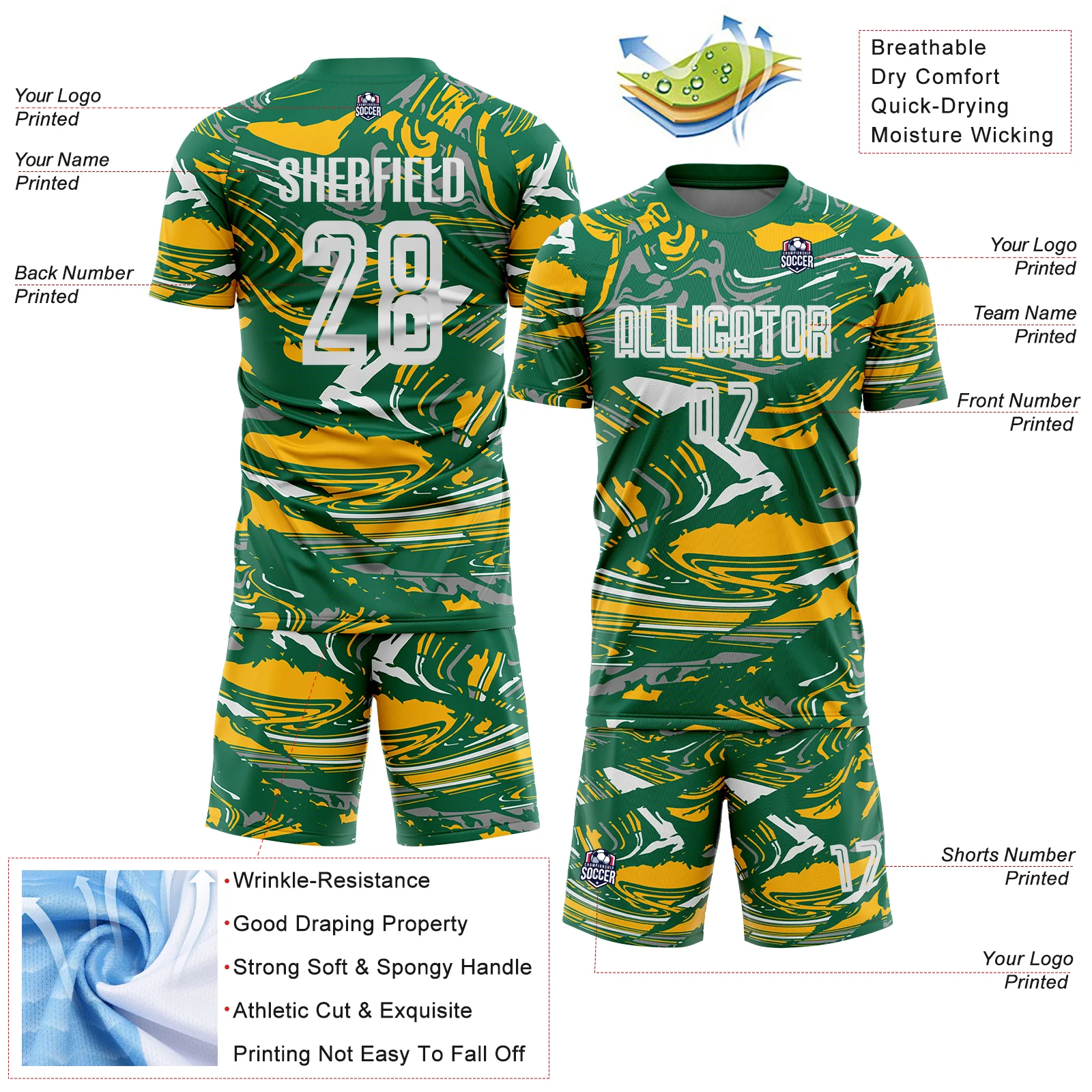 Custom Figure White Kelly Green-Gold Fluid Art Splash Sublimation Soccer Uniform Jersey - Image 4