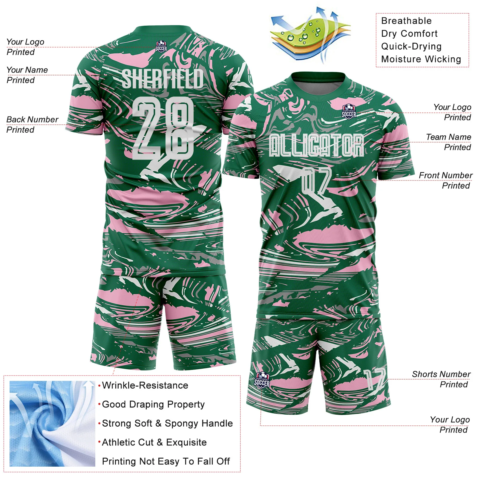 Custom Figure White Kelly Green-Light Pink Fluid Art Splash Sublimation Soccer Uniform Jersey - Image 4