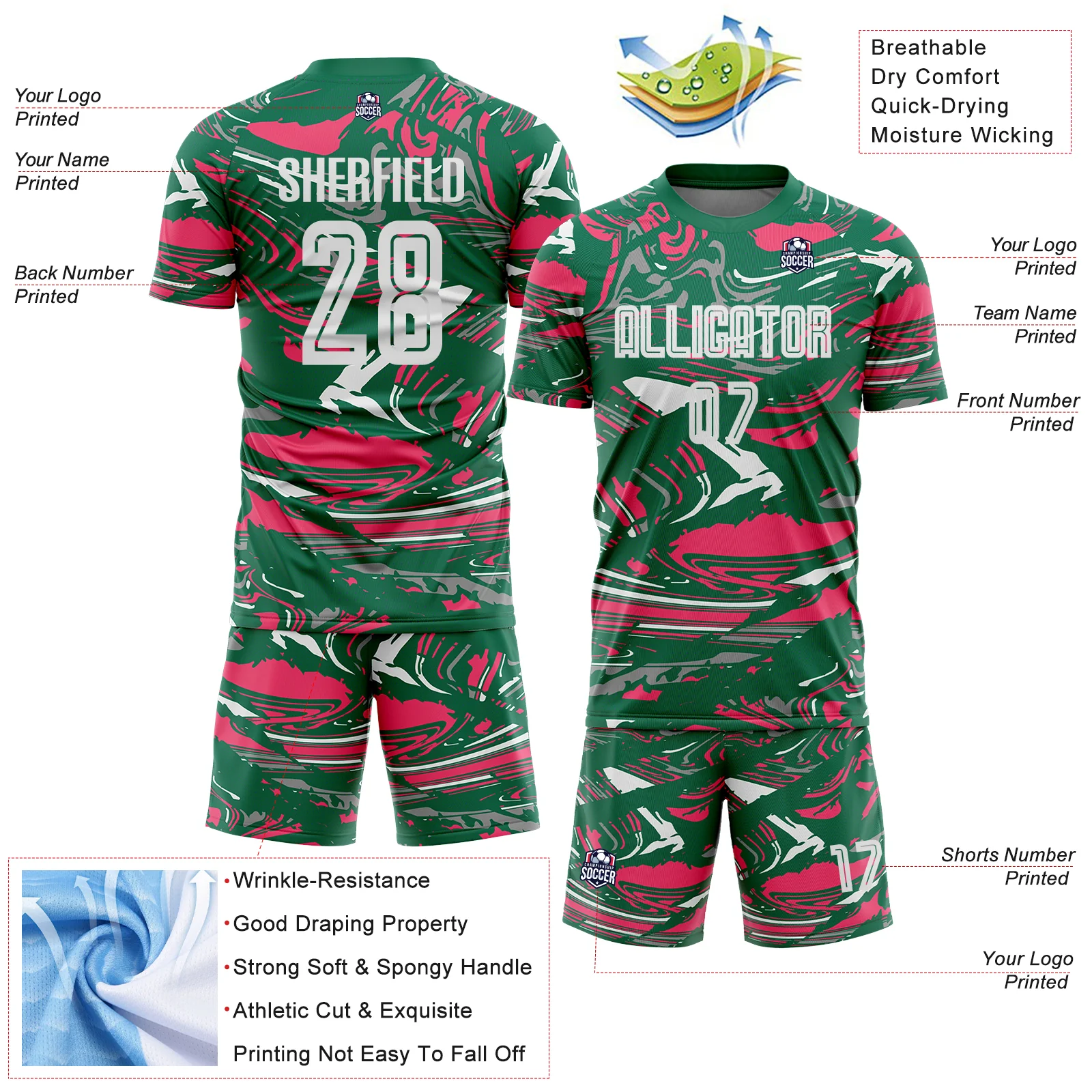 Custom Figure White Kelly Green-Neon Pink Fluid Art Splash Sublimation Soccer Uniform Jersey - Image 4
