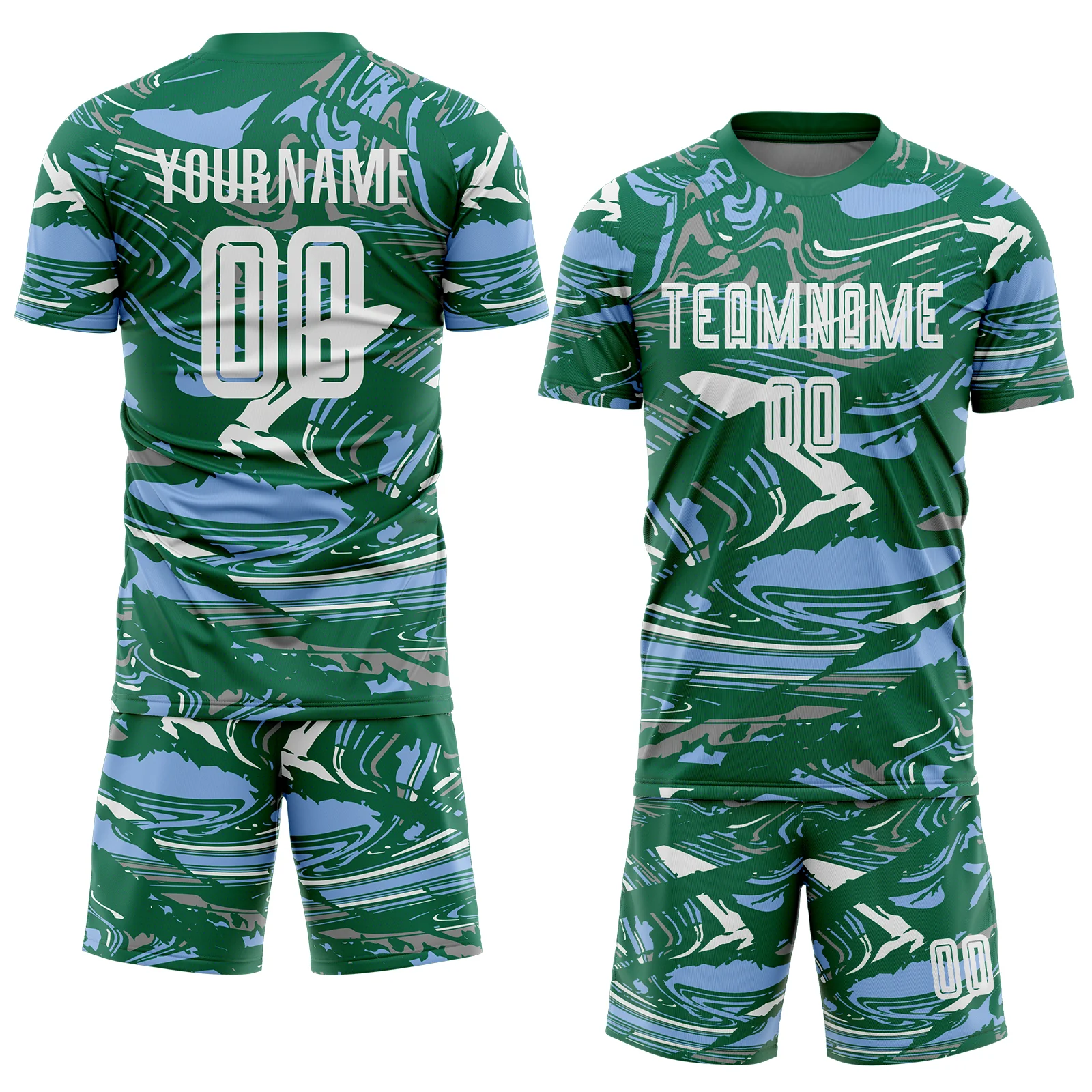 Custom Figure White Kelly Green-Light Blue Fluid Art Splash Sublimation Soccer Uniform Jersey - Image 2
