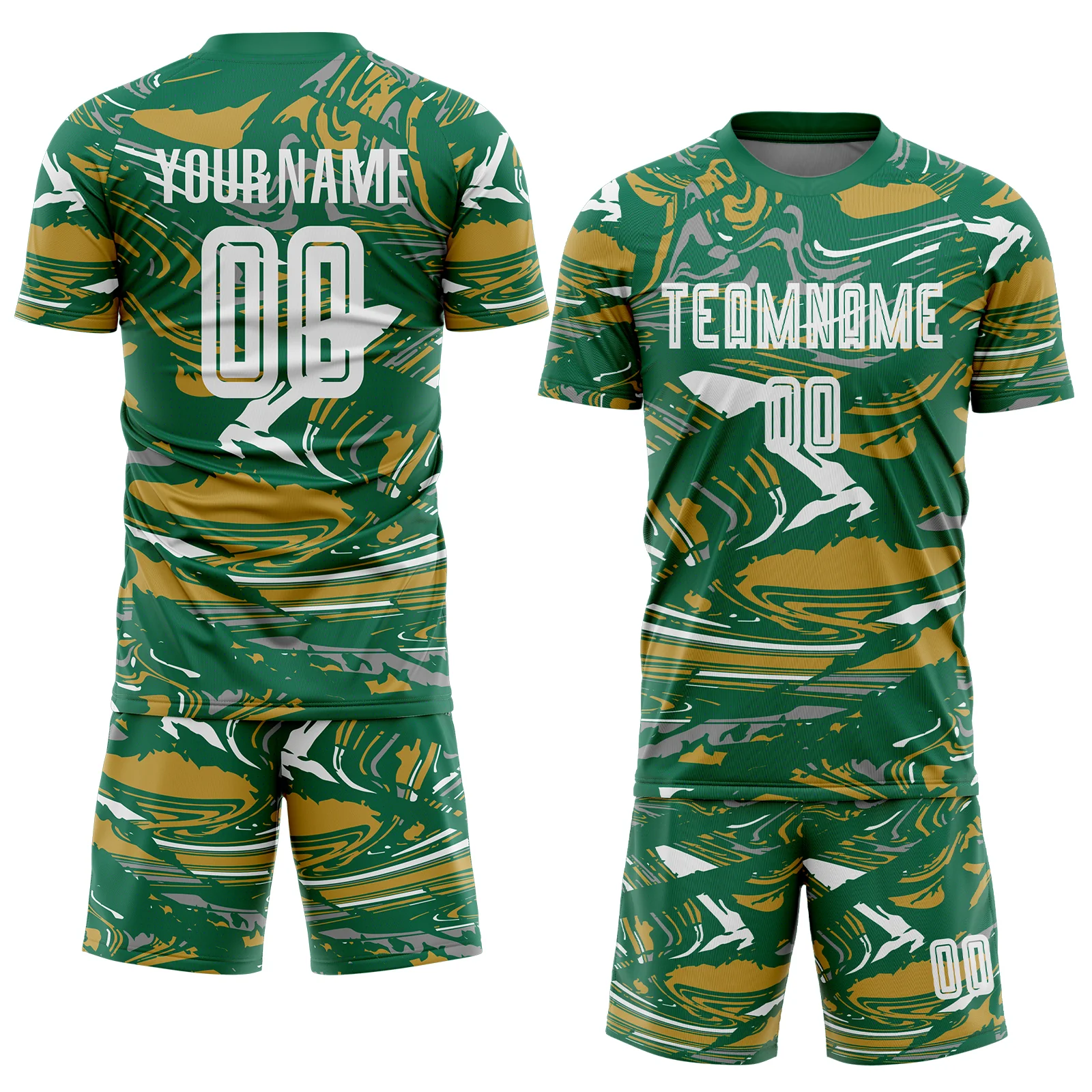 Custom Figure White Kelly Green-Old Gold Fluid Art Splash Sublimation Soccer Uniform Jersey - Image 2