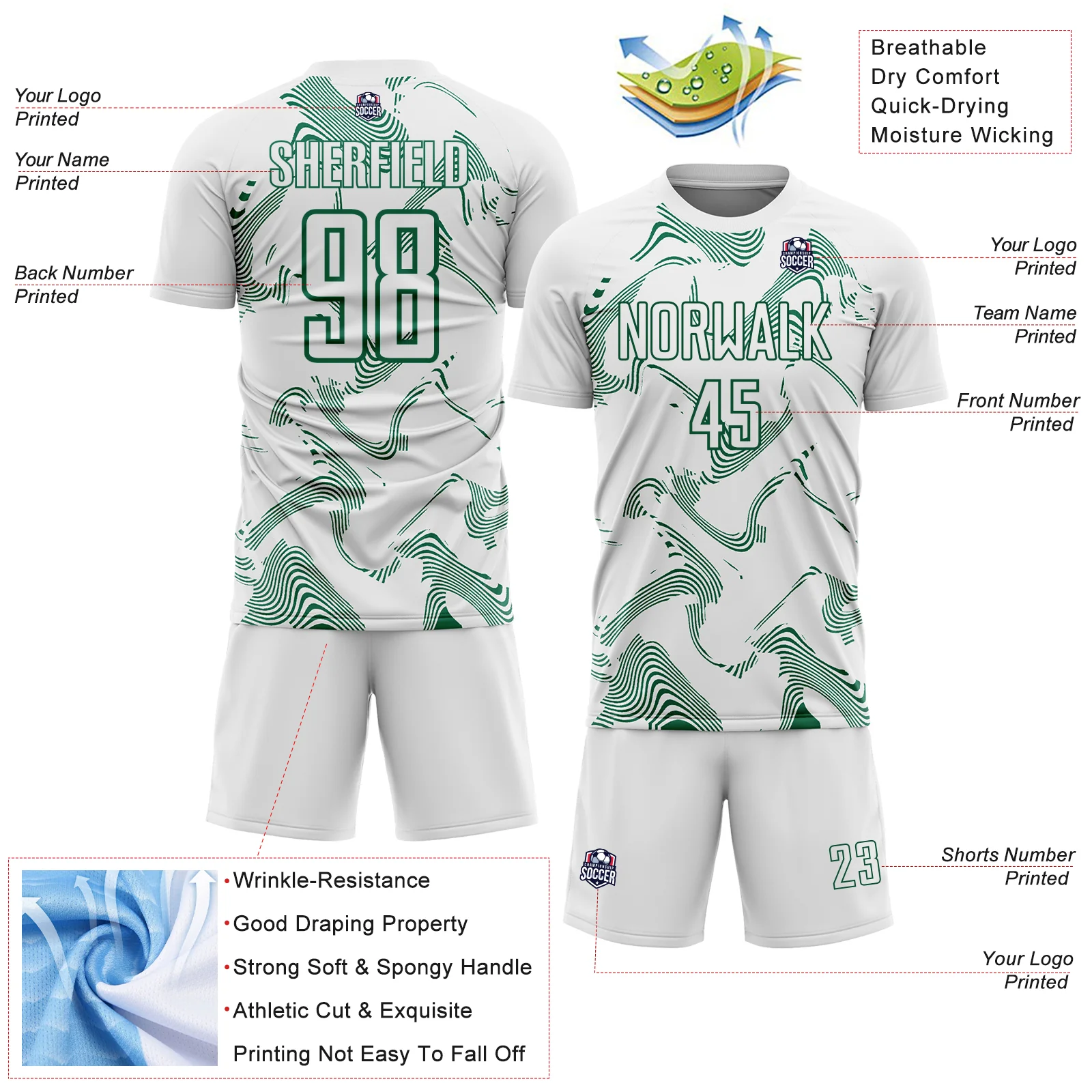Custom White Kelly Green Curve Lines Sports Sublimation Soccer Uniform Jersey - Image 4