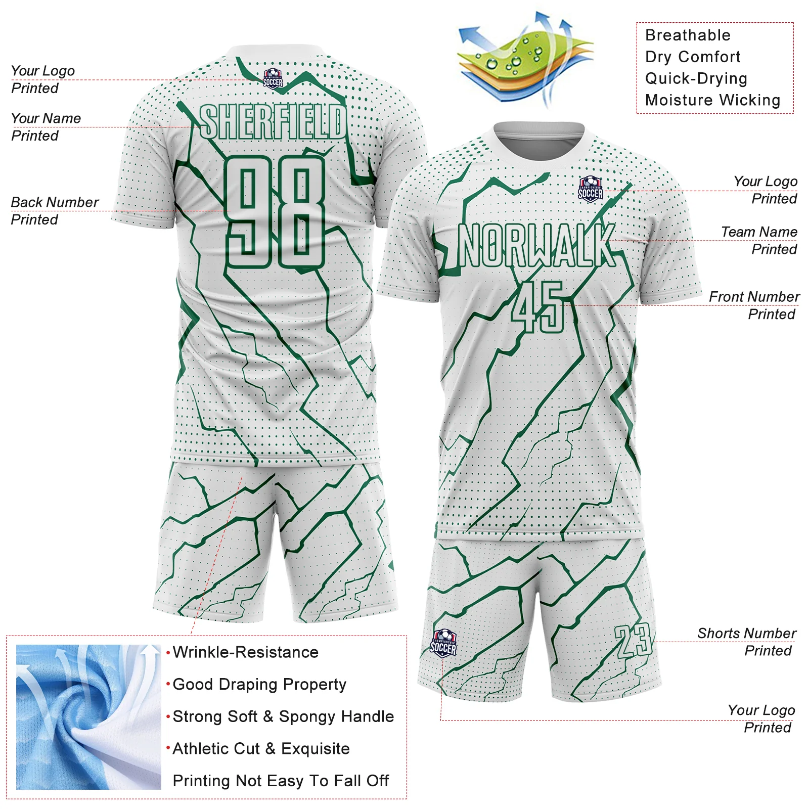 Custom White Kelly Green Lightning Sports Sublimation Soccer Uniform Jersey - Image 4