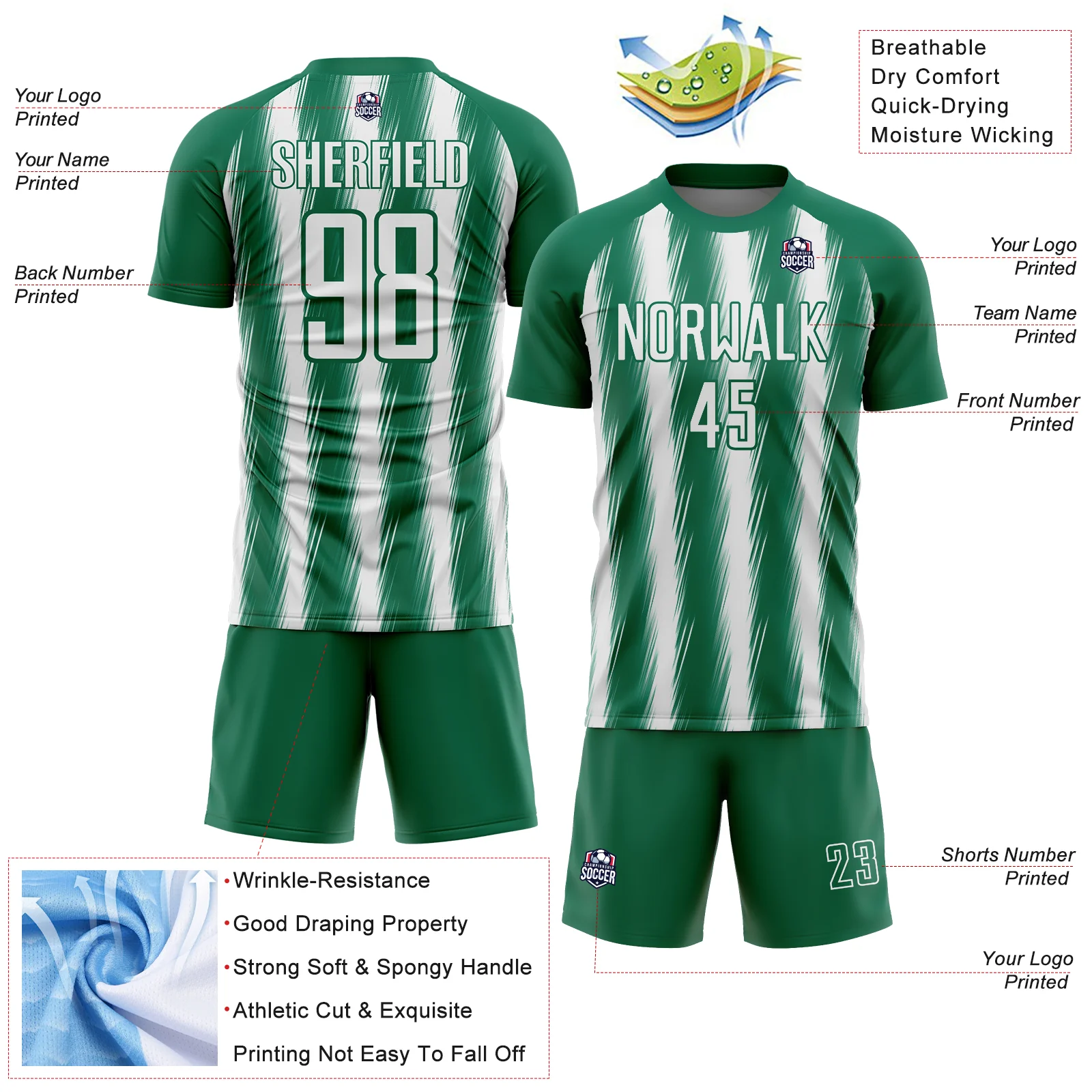 Custom Kelly Green White Vertical Brush Stroke Stripes Sublimation Soccer Uniform Jersey - Image 4