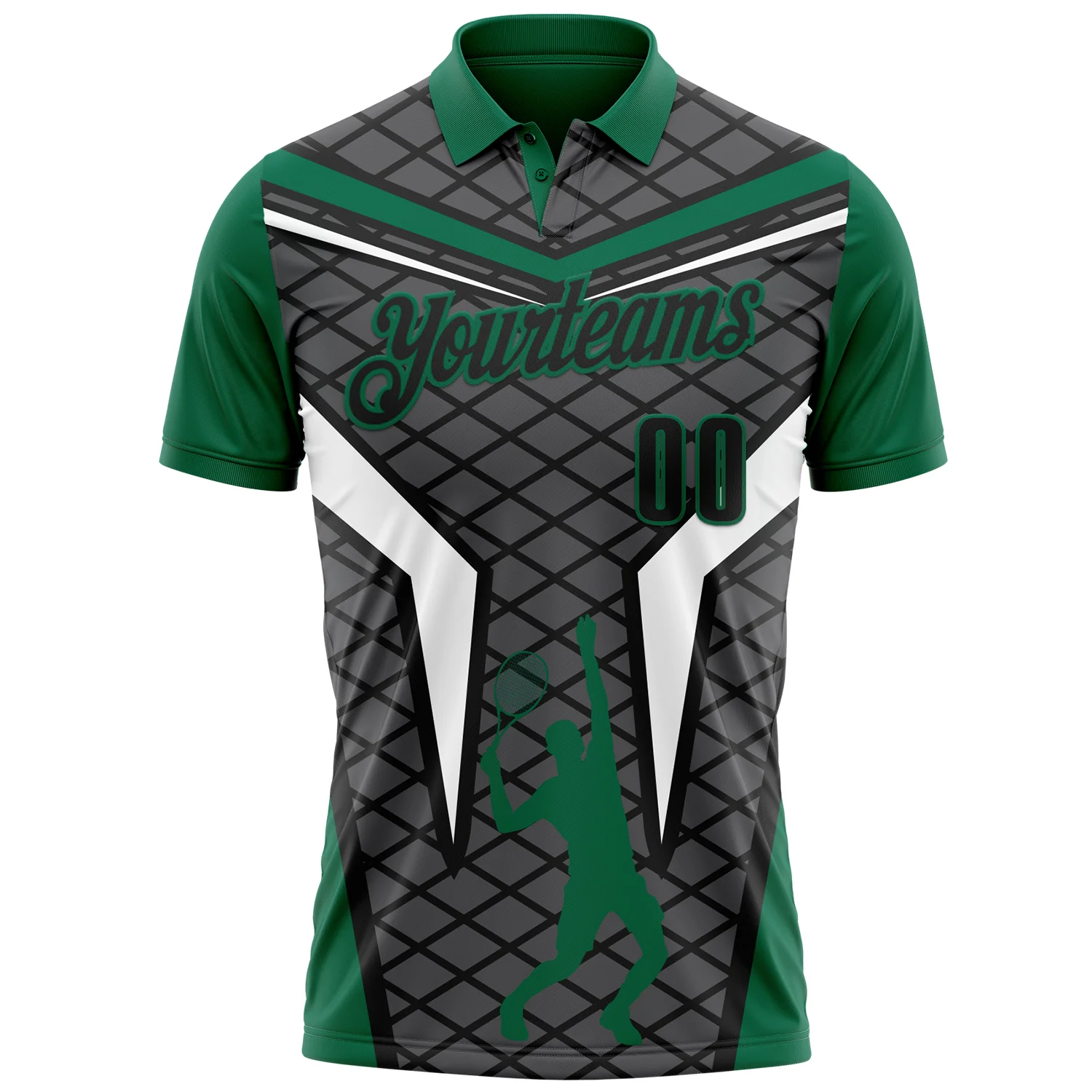 Custom Steel Gray Black-Kelly Green 3D Tennis Performance Polo Shirt - Image 2