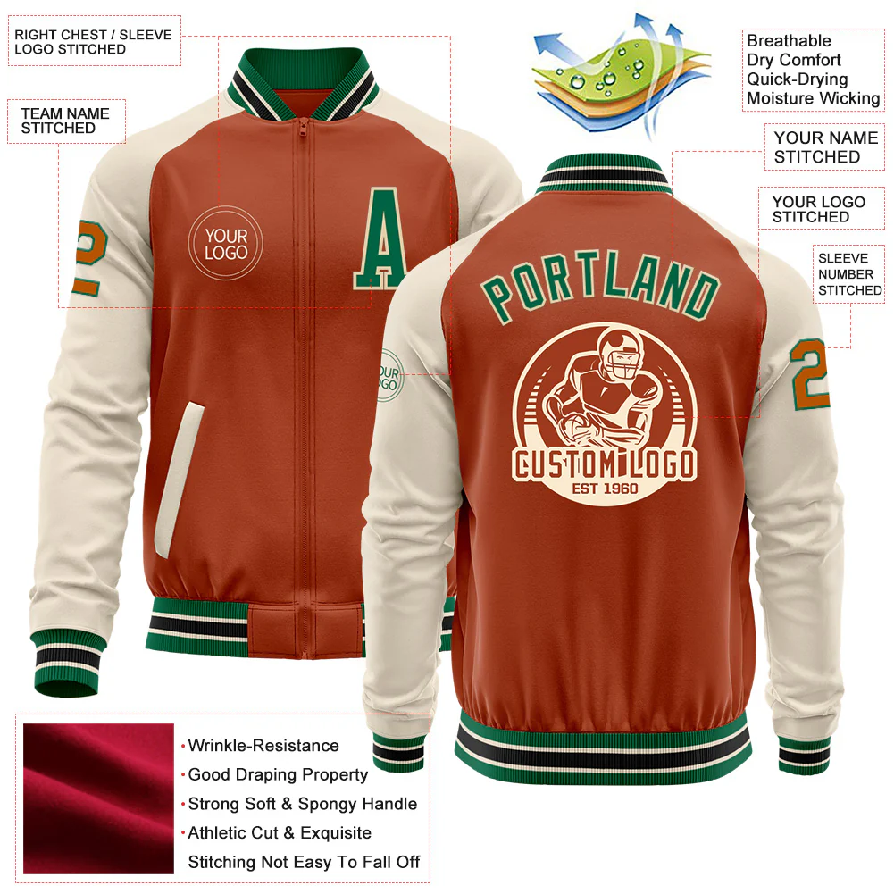 Custom Texas Orange Kelly Green Cream-Black Bomber Varsity Letterman Two Tone Zipper Jacket - Image 4