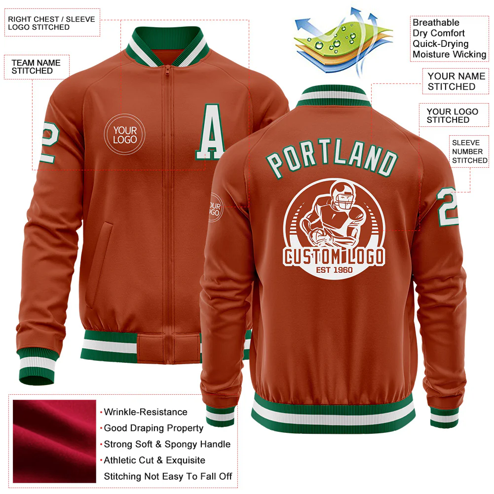 Custom Texas Orange White-Kelly Green Bomber Varsity Letterman Zipper Jacket - Image 4