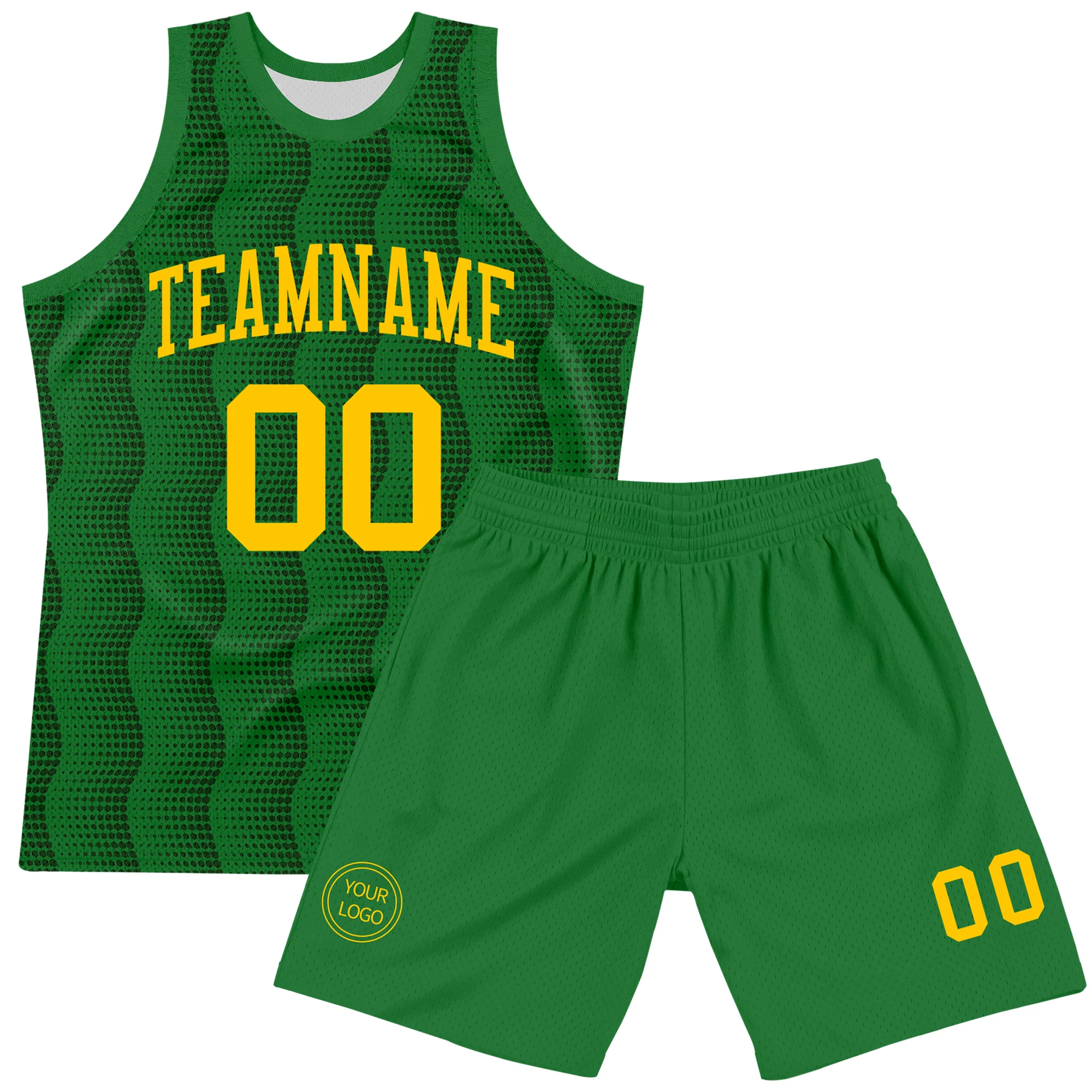 Custom Kelly Green Yellow Geometric Shape Round Neck Sublimation Basketball Suit Jersey - Image 2