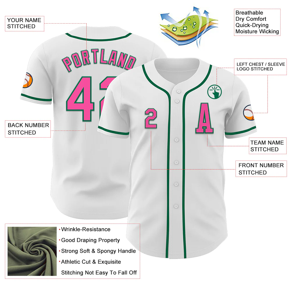 Custom White Pink-Kelly Green Authentic Baseball Jersey - Image 2
