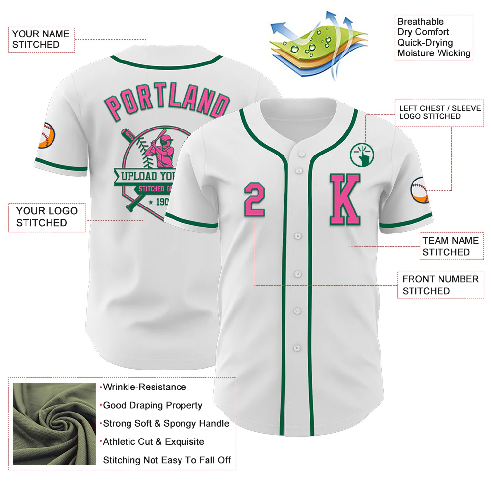 Custom White Pink-Kelly Green Authentic Baseball Jersey - Image 6